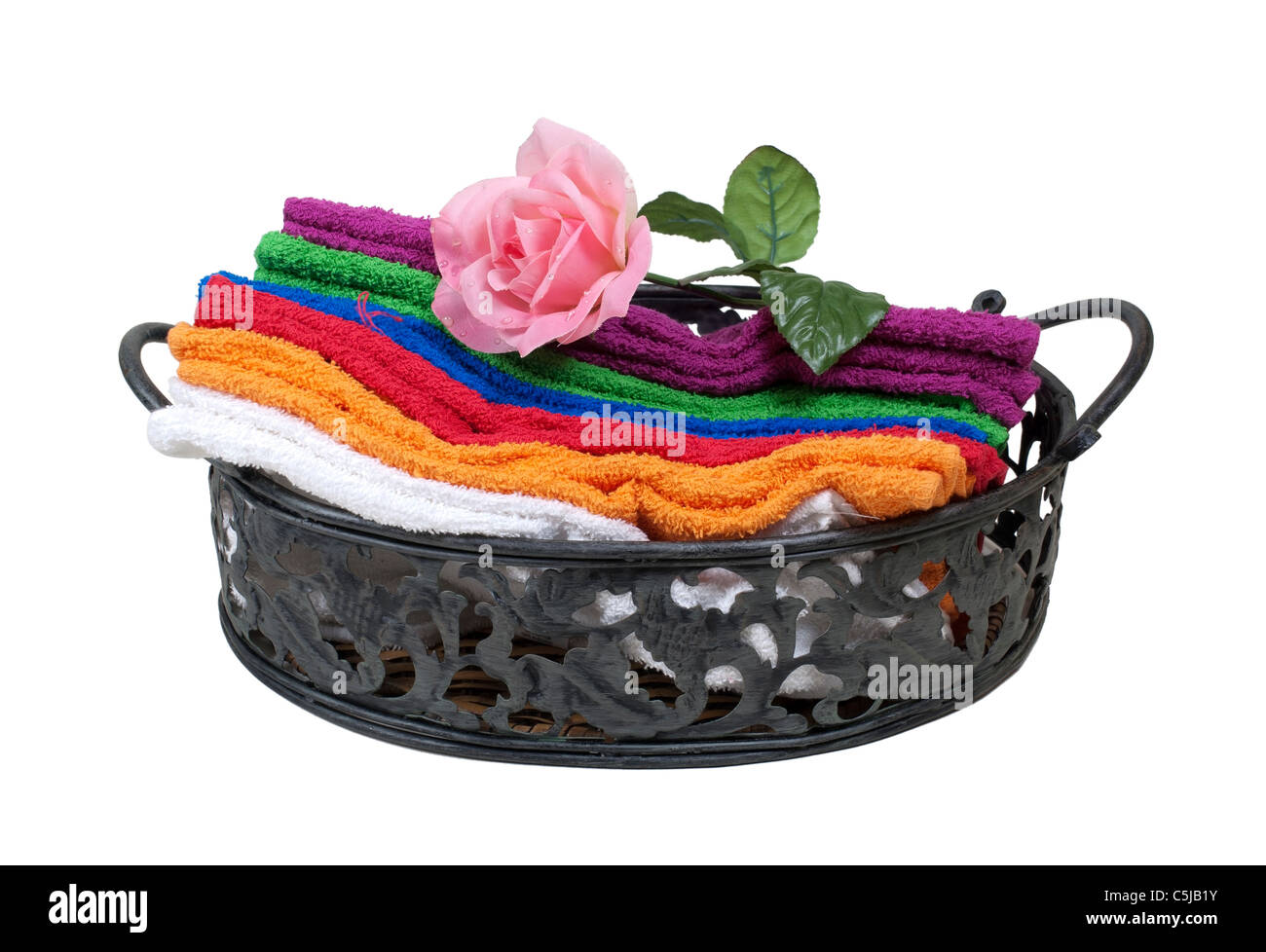 Asciugamani colorati nel vassoio Foto Stock