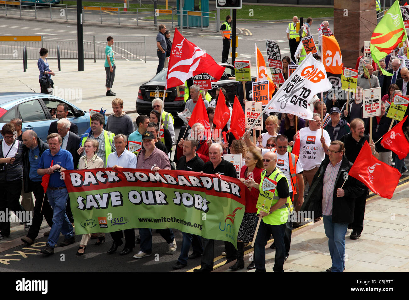 Una dimostrazione di Derby Derby di supporto in base a Bombardier dopo il Thames Link treno contratto di costruzione è stato assegnato a Siemens. Foto Stock