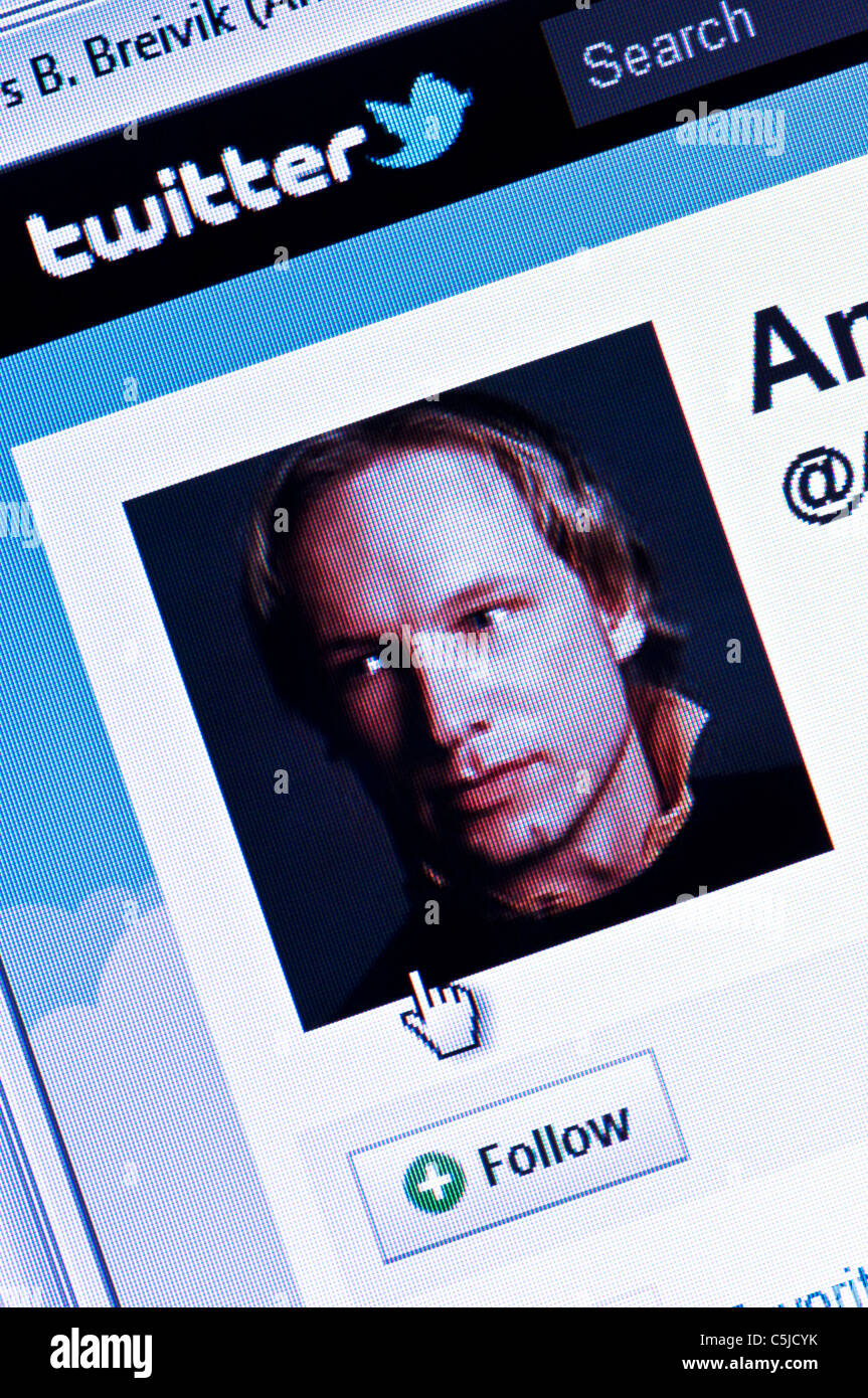 La pagina Twitter di Anders Behring Breivik - l'uomo accusato del bombardamento di Oslo + Isola Utoya massacro perpetrato il 22 luglio 2011. Foto Stock