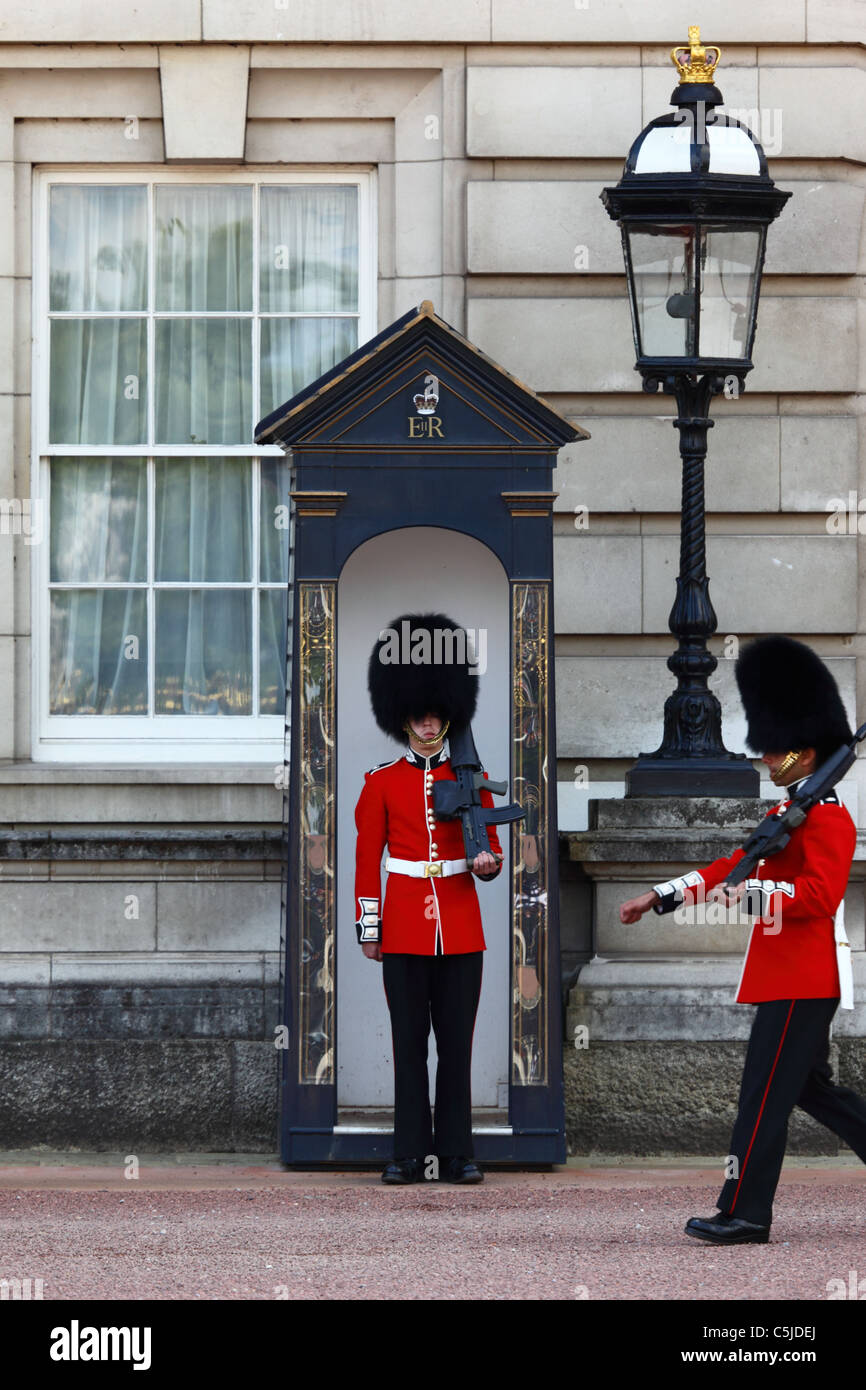 Le guardie scozzesi di Royal Queen's guardie al di fuori Buckingham Palace a Londra, Inghilterra Foto Stock