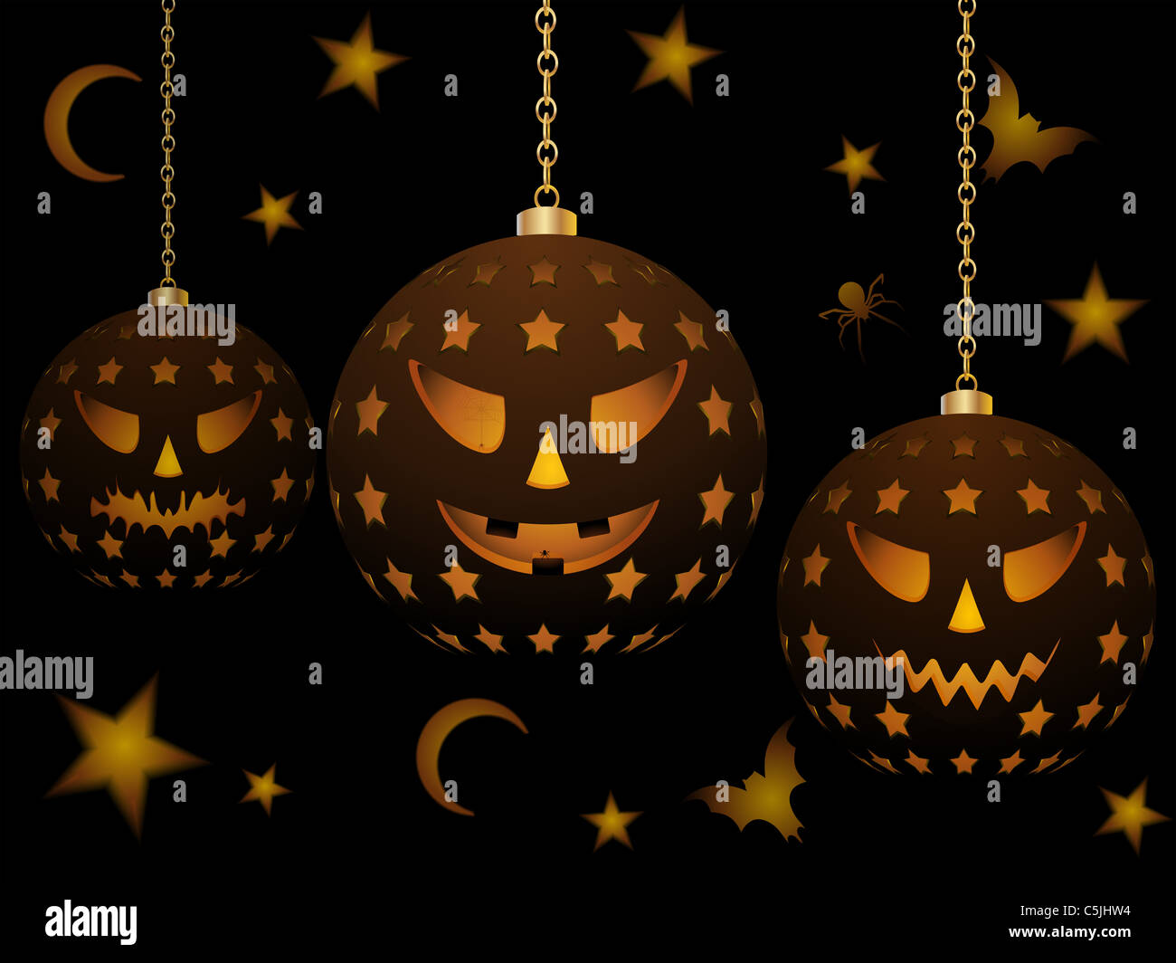 Lanterne di circolare con facce di Halloween circondato da lune, stelle, pipistrelli e ragni su sfondo nero Foto Stock