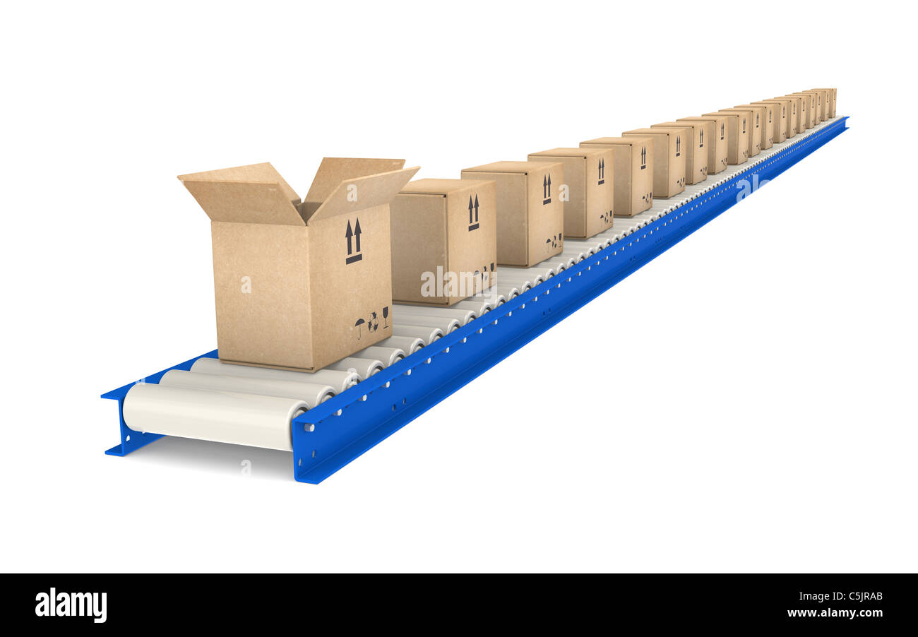Nastro trasportatore, una scatola aperta. Blu e acciaio. Parte di Blue Magazzino e logistica serie. Foto Stock