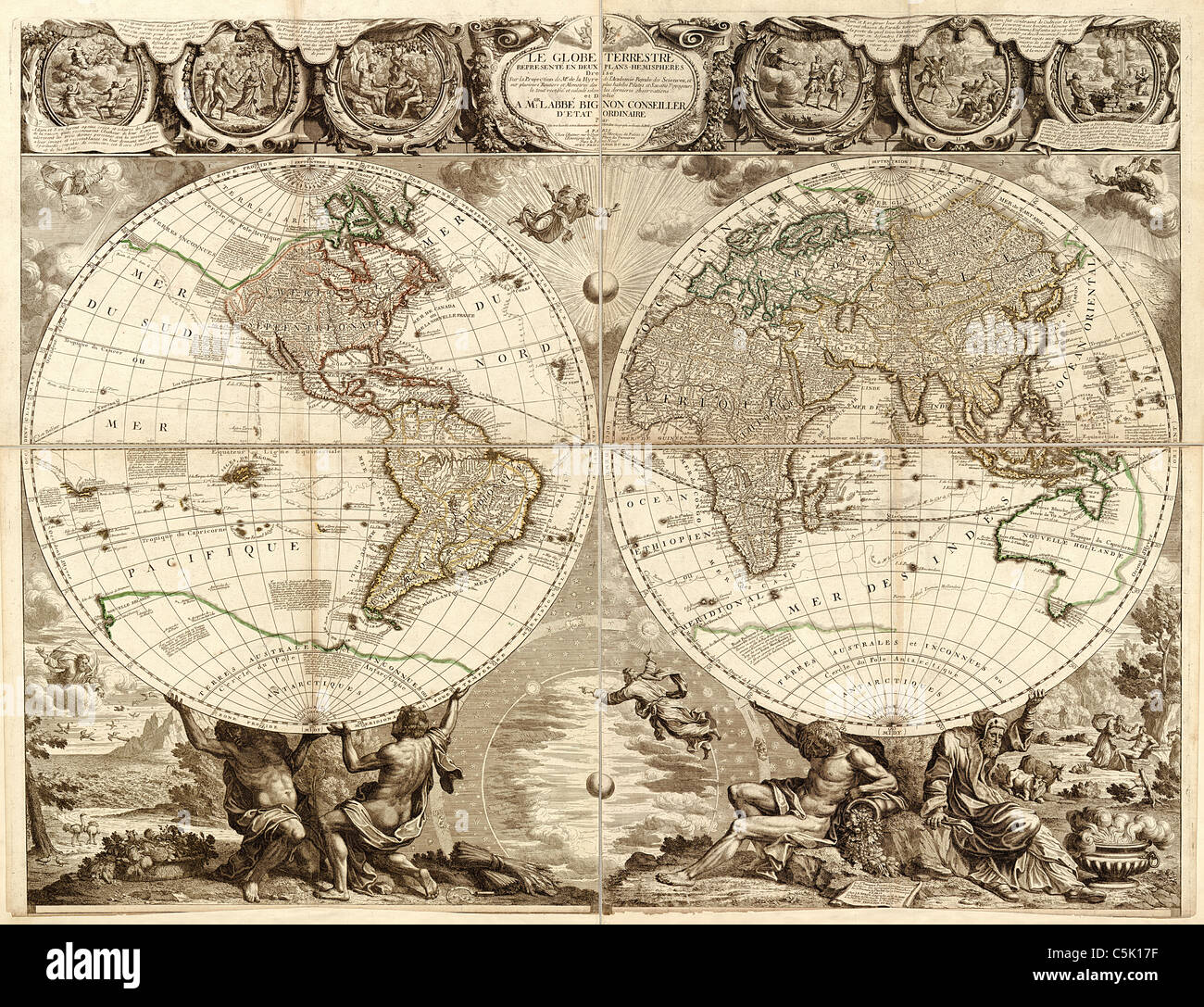 Le globe terrestre représenté en deux piani-hémisphères - antica mappa del mondo di Jean Baptiste Nolin, 1708 Foto Stock