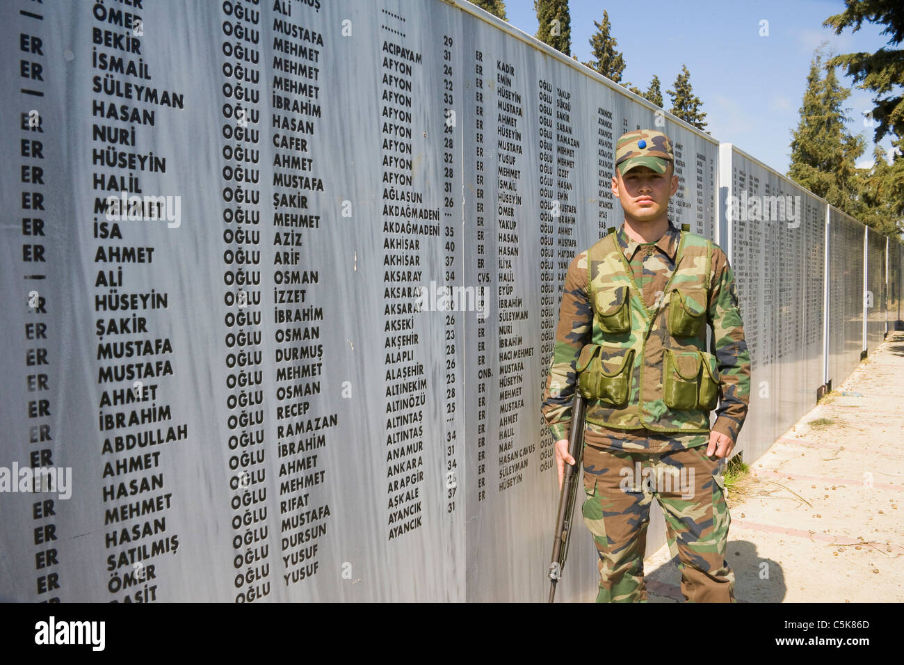 Soldato turco davanti a un monumento con i nomi dei martiri incripted, Gallipoli, Canakkale, Turchia Foto Stock