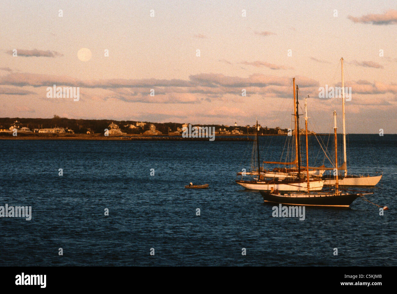 Tre velieri ormeggiati sotto la luna piena, Vineyard Haven porto, MA Foto Stock