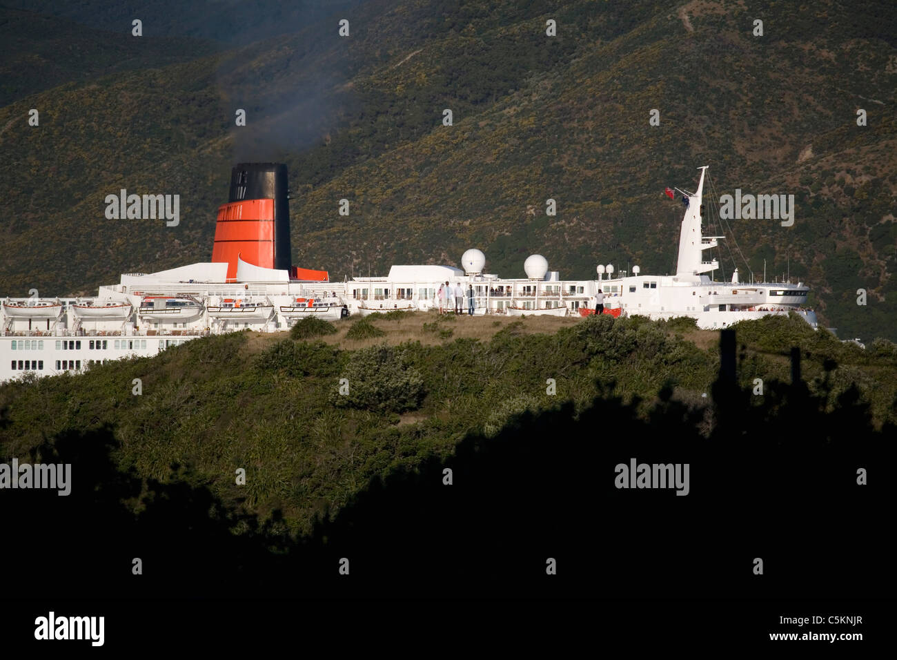 Nave da crociera Queen Elizabeth II lasciando Wellington Harbour; persone che guardano sulla collina in primo piano, Nuova Zelanda Foto Stock