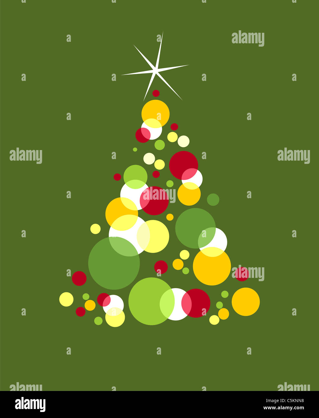 Albero di Natale. Rosso, giallo e verde bolle con un brillante stella bianca sulla parte superiore. Sfondo verde. File vettoriale Foto Stock