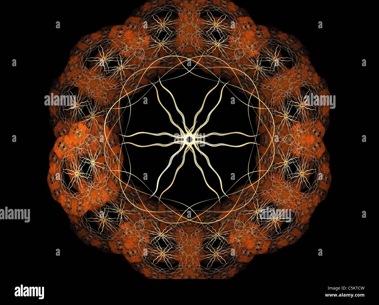 Un Colore Arancione fiamma Caleidoscopio pattern creato utilizzando il programma apofisi Foto Stock