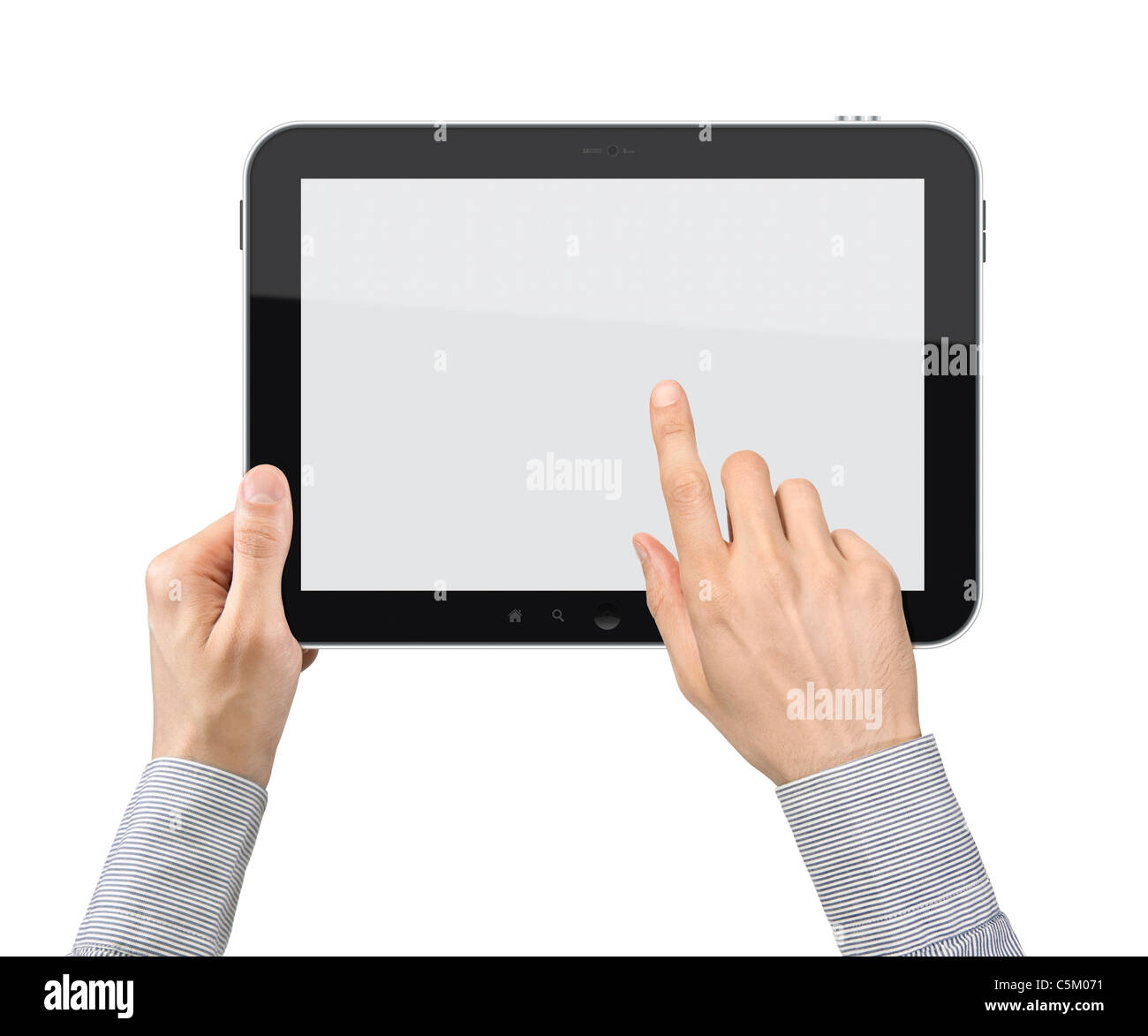 Imprenditore tenendo le mani e il punto sul touch screen tablet pc. Isolato su bianco. Foto Stock