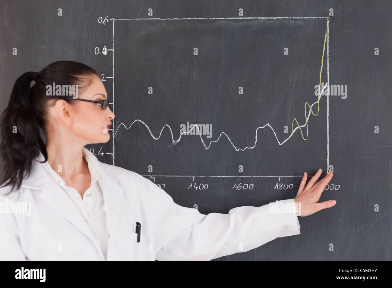 Donna scienziato che mostra un grafico sulla lavagna Foto Stock
