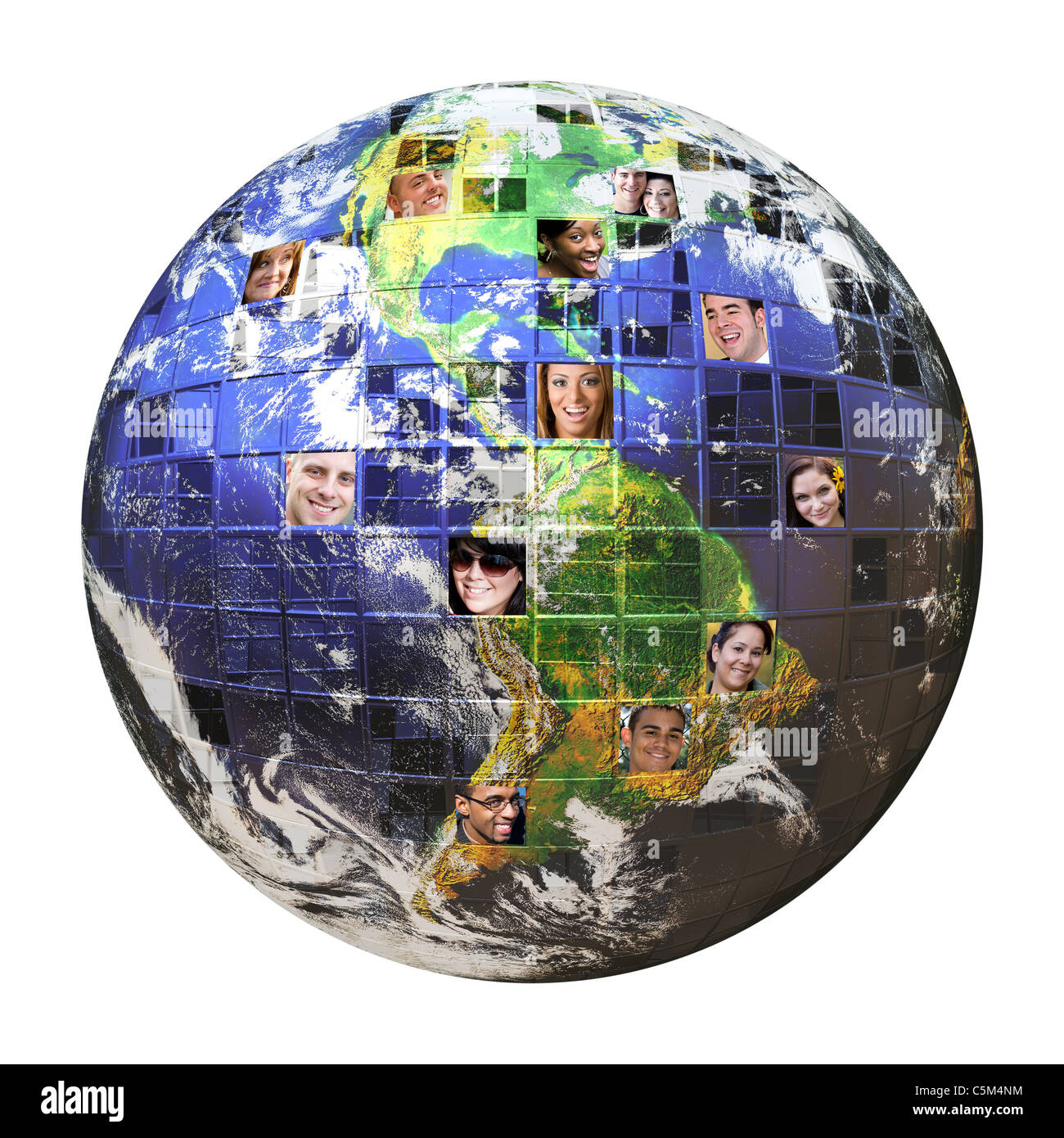 Diverse facce della gente di tutti i paesi a copertura di un globo terrestre. Una grande idea per il social networking o social media Foto Stock