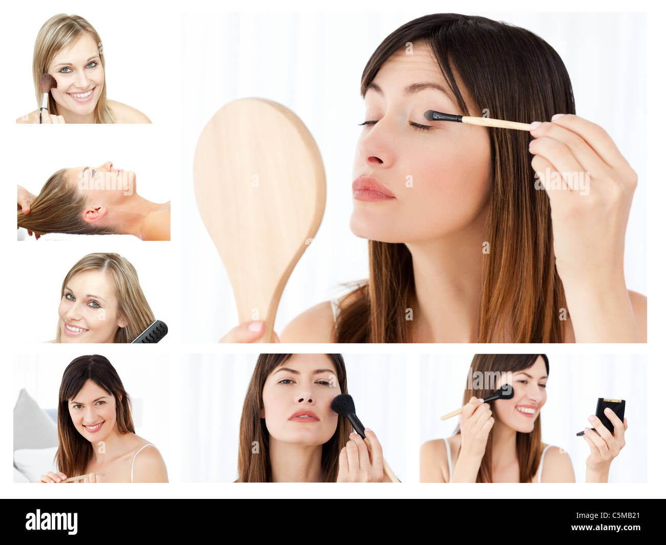 Collage di belle donne mettendo il make-up sul Foto Stock