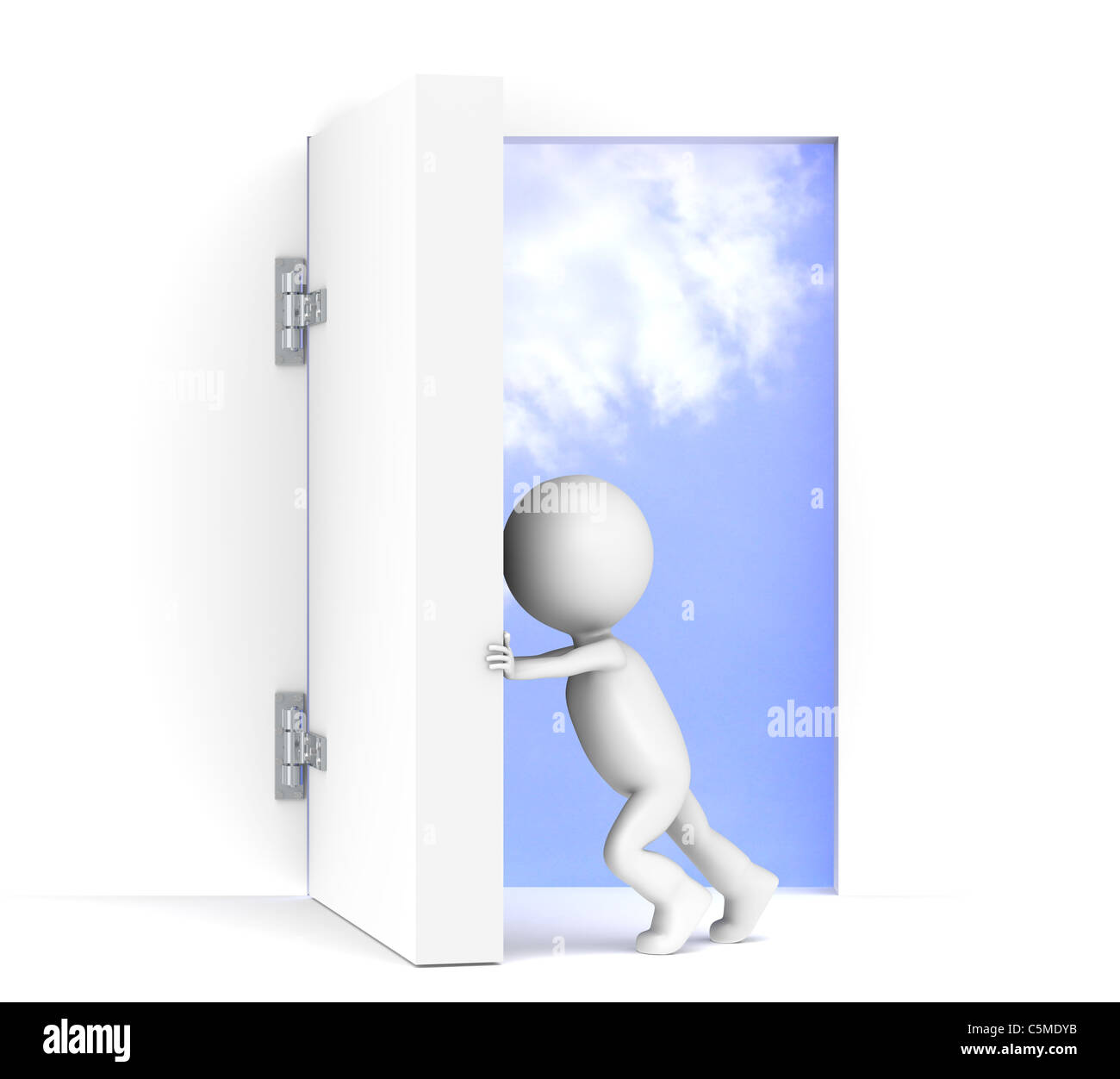 3D piccolo uomo personaggio apre una massiccia porta. Sfondo cielo con luminanza. Foto Stock