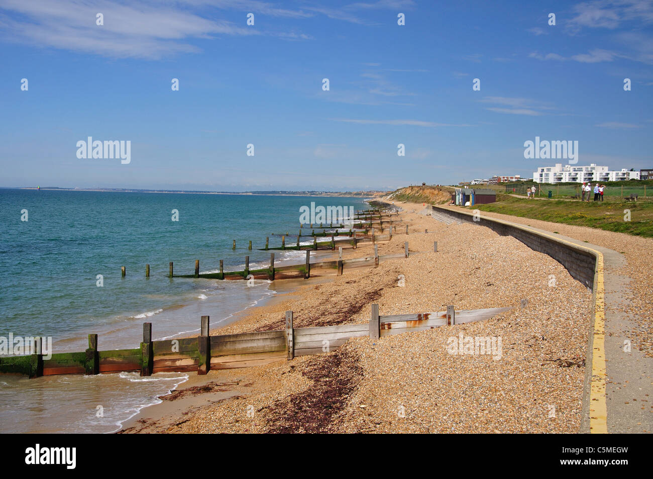 Spiaggia vista che mostra i frangiflutti in legno, Milford-on-Sea, Hampshire, Inghilterra, Regno Unito Foto Stock