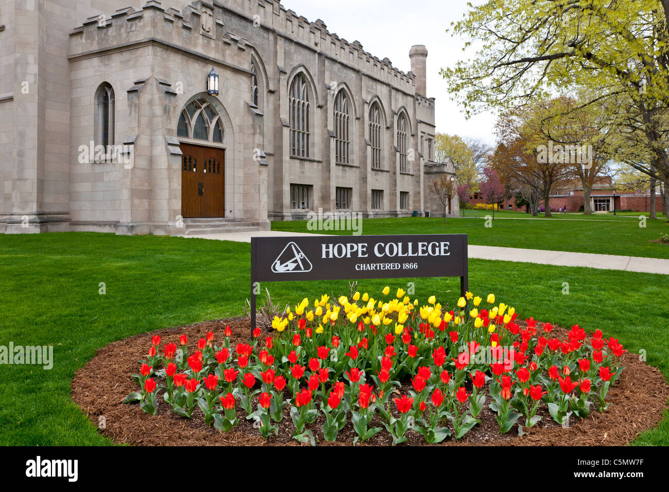 Un tulipano letto alla speranza college campus in Olanda, Michigan, Stati Uniti d'America. Foto Stock