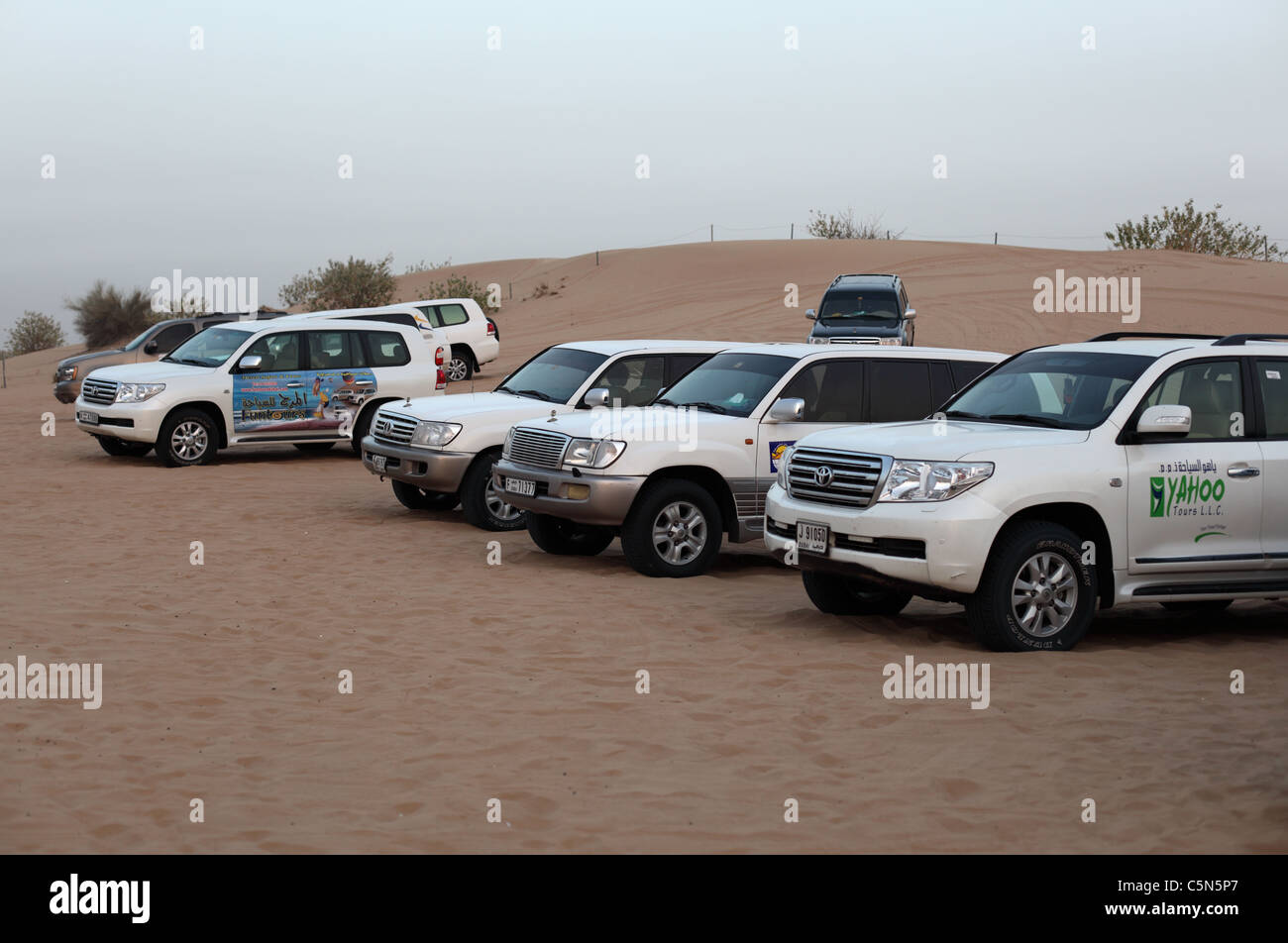 Traversata delle Dune offroad vetture nel deserto di Dubai, Emirati Arabi Uniti Foto Stock