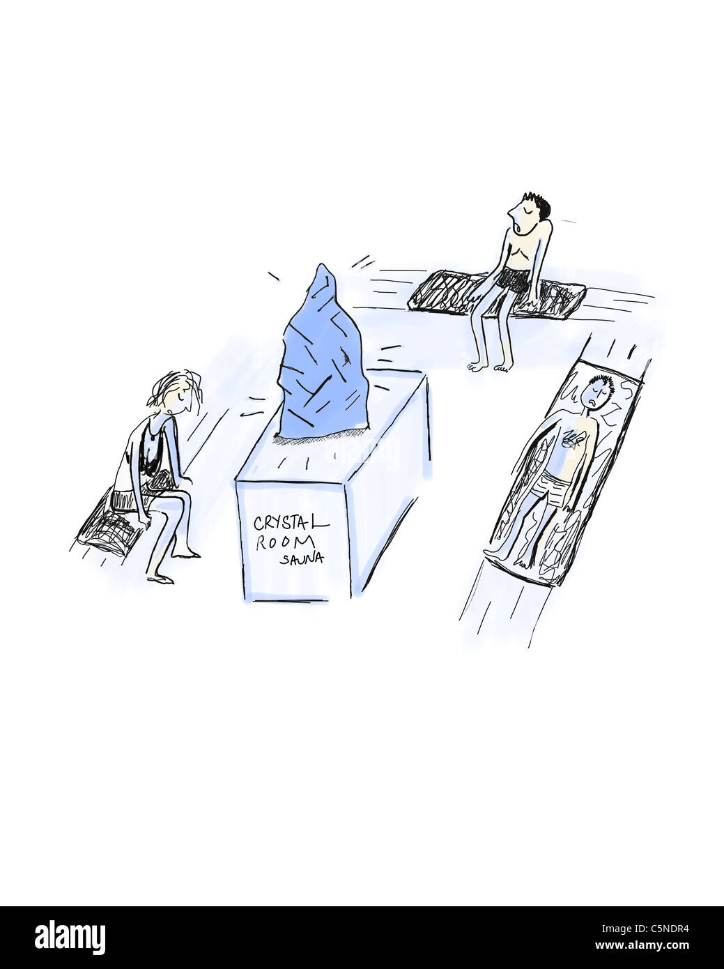 Tre persone in una sauna calda sala minerale, con una grande blu brillante cristalli nel centro della stanza. Foto Stock