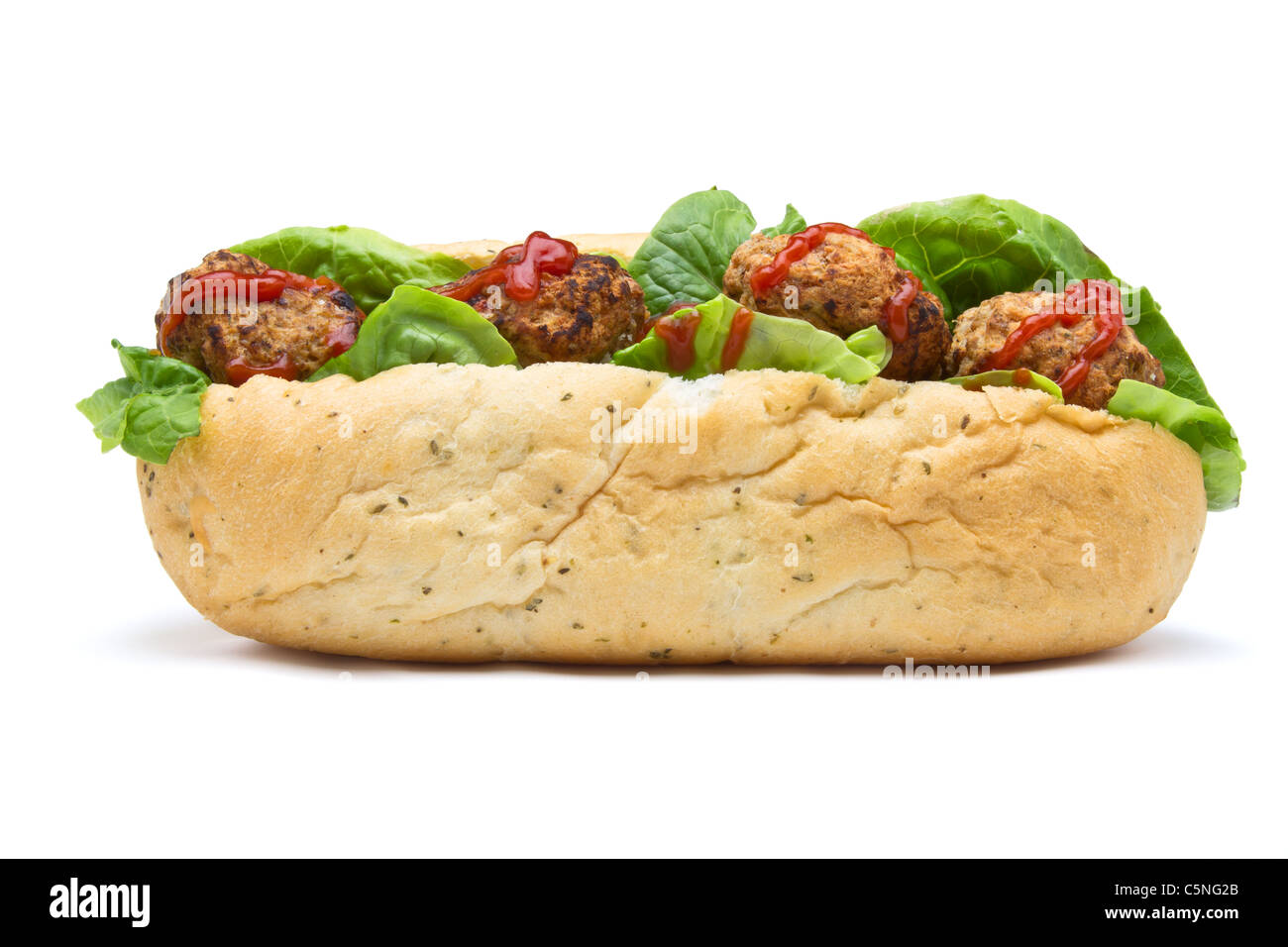 Polpette con sandwich di Sub da basso prospettica isolata su bianco. Foto Stock