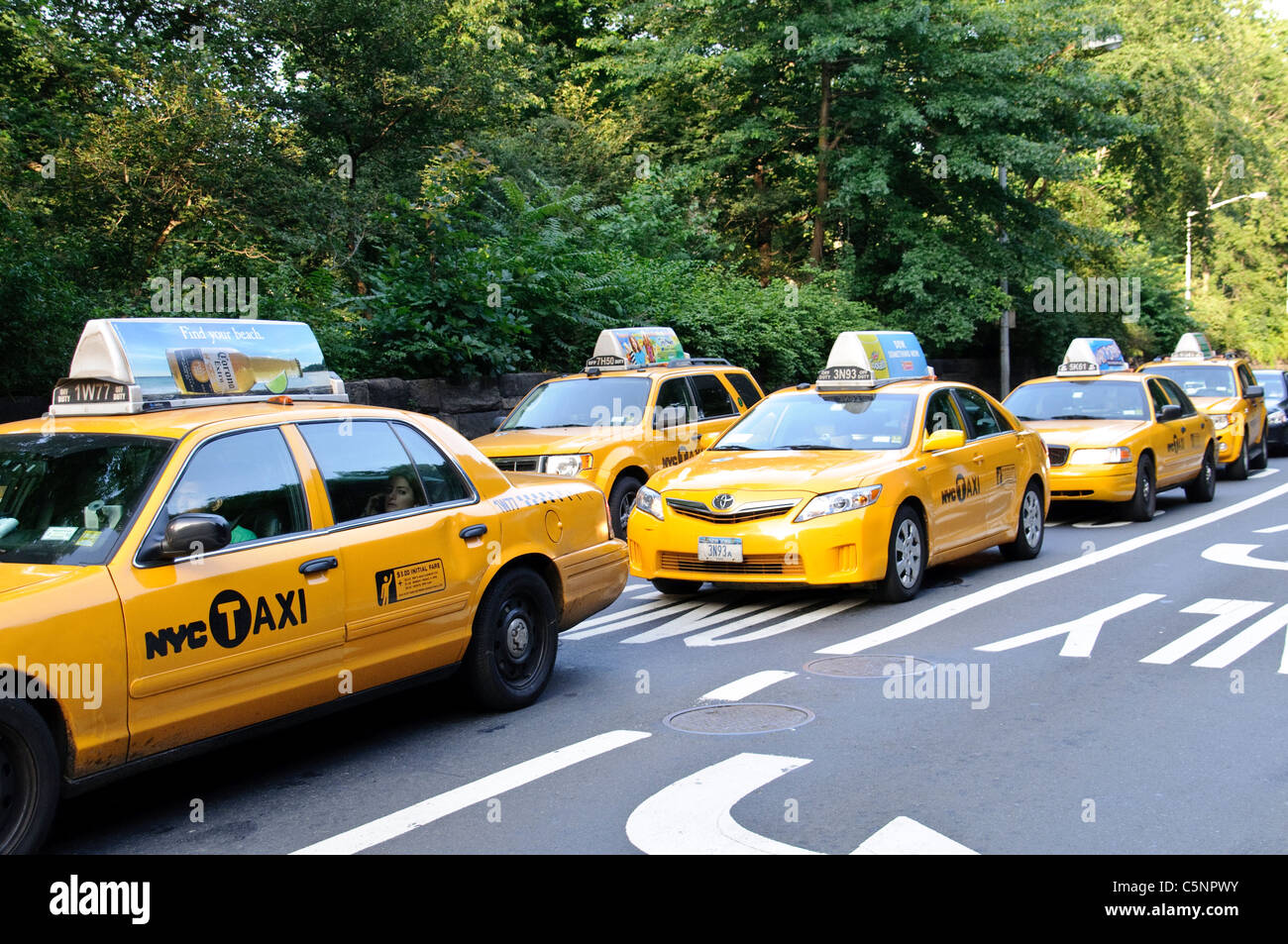 Taxi, traffico, di attraversamento della parte ovest di Central Park di New York City Foto Stock