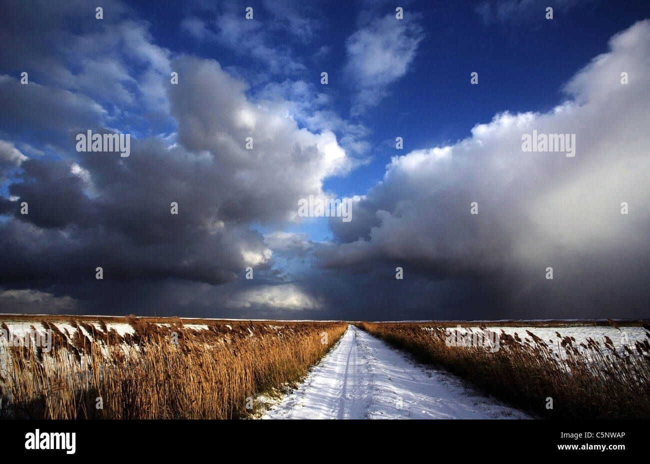 Snowy Norfolk costa contro un drammatico cielo tempestoso Foto Stock