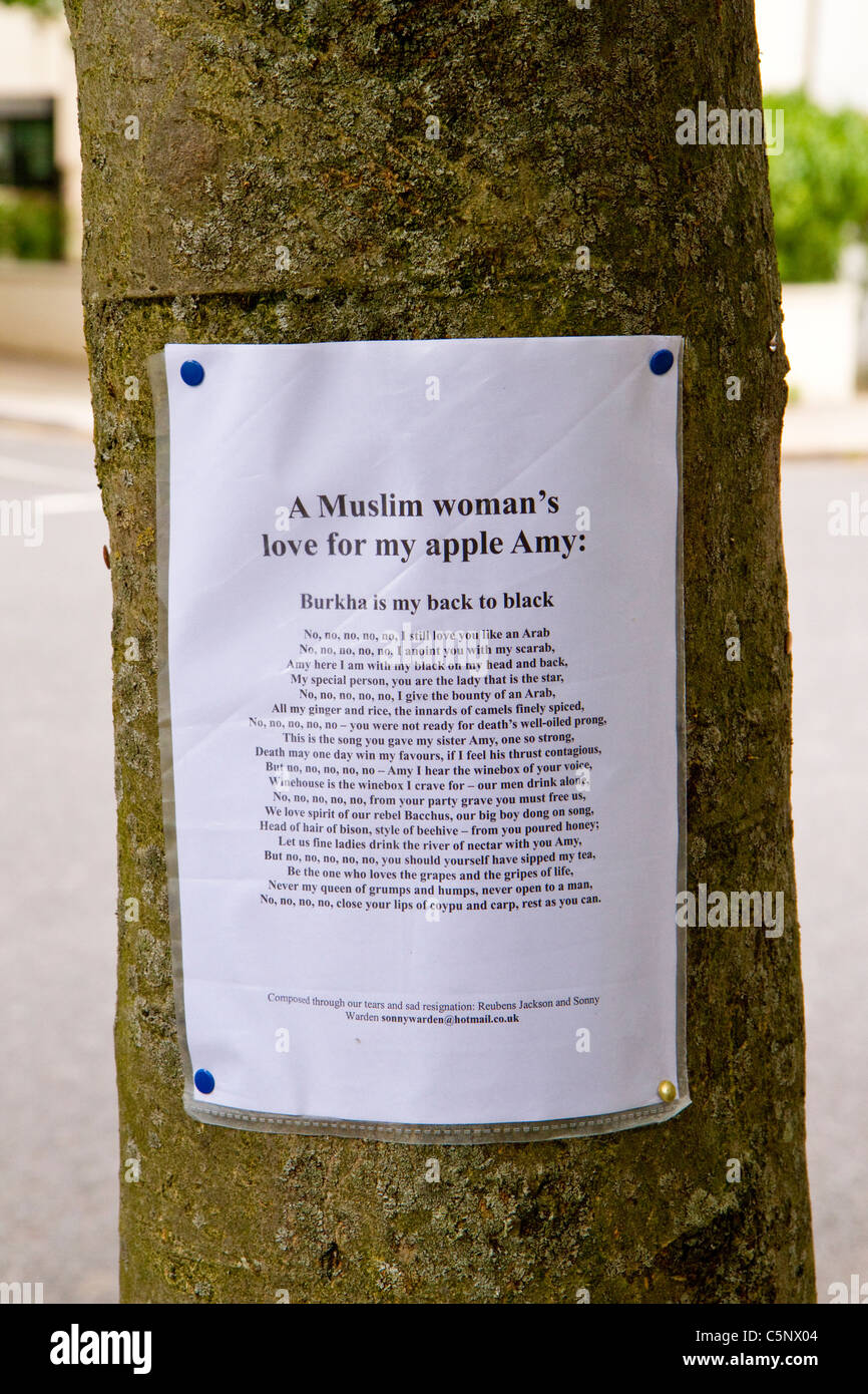 Un poema composto da ventilatori in memoria di Amy Winehouse, imperniata ad una struttura ad albero del cantante ex casa di Camden Square, Londra. Foto Stock