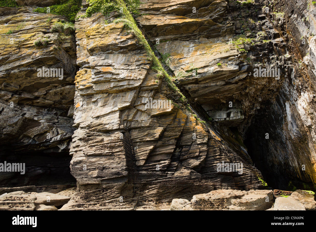 Scogliera sul mare vicino Glasnakille sull'Isola di Skye in Scozia, che mostra le linee di faglia ed eroso ignea intrusioni in roccia sedimentaria. Foto Stock