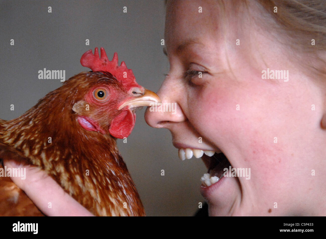 Isobel Coomber un volontario di Animaline in Horsted Keynes con un pollo che è tra le migliaia che sta cercando una nuova casa Foto Stock