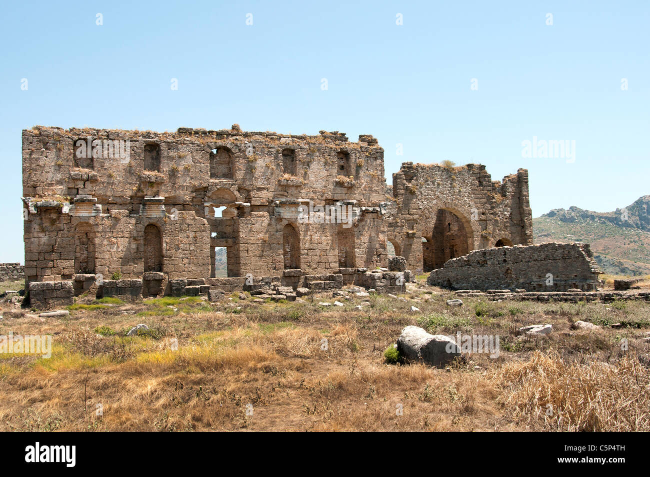 Aspendos importante città nello stato di Pamphilia controllo romano in 190 a.C. , Anatolia Turchia Imperatore romano Marcus Aurelius 161 - 80 d.C. Foto Stock