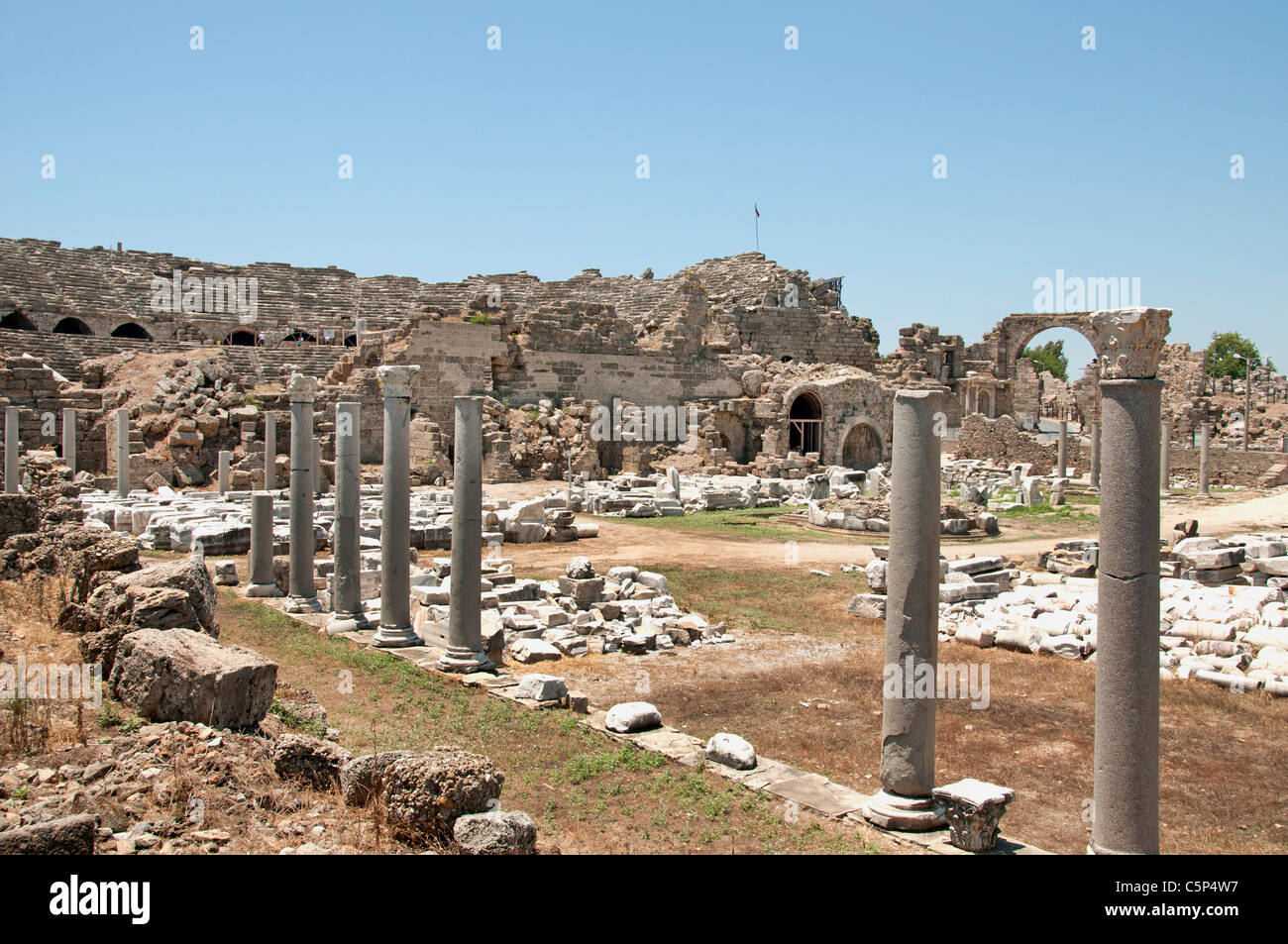 Aspendos importante città nello stato di Pamphilia controllo romano in 190 a.C. , Anatolia Turchia Imperatore romano Marcus Aurelius 161 - 80 d.C. Foto Stock