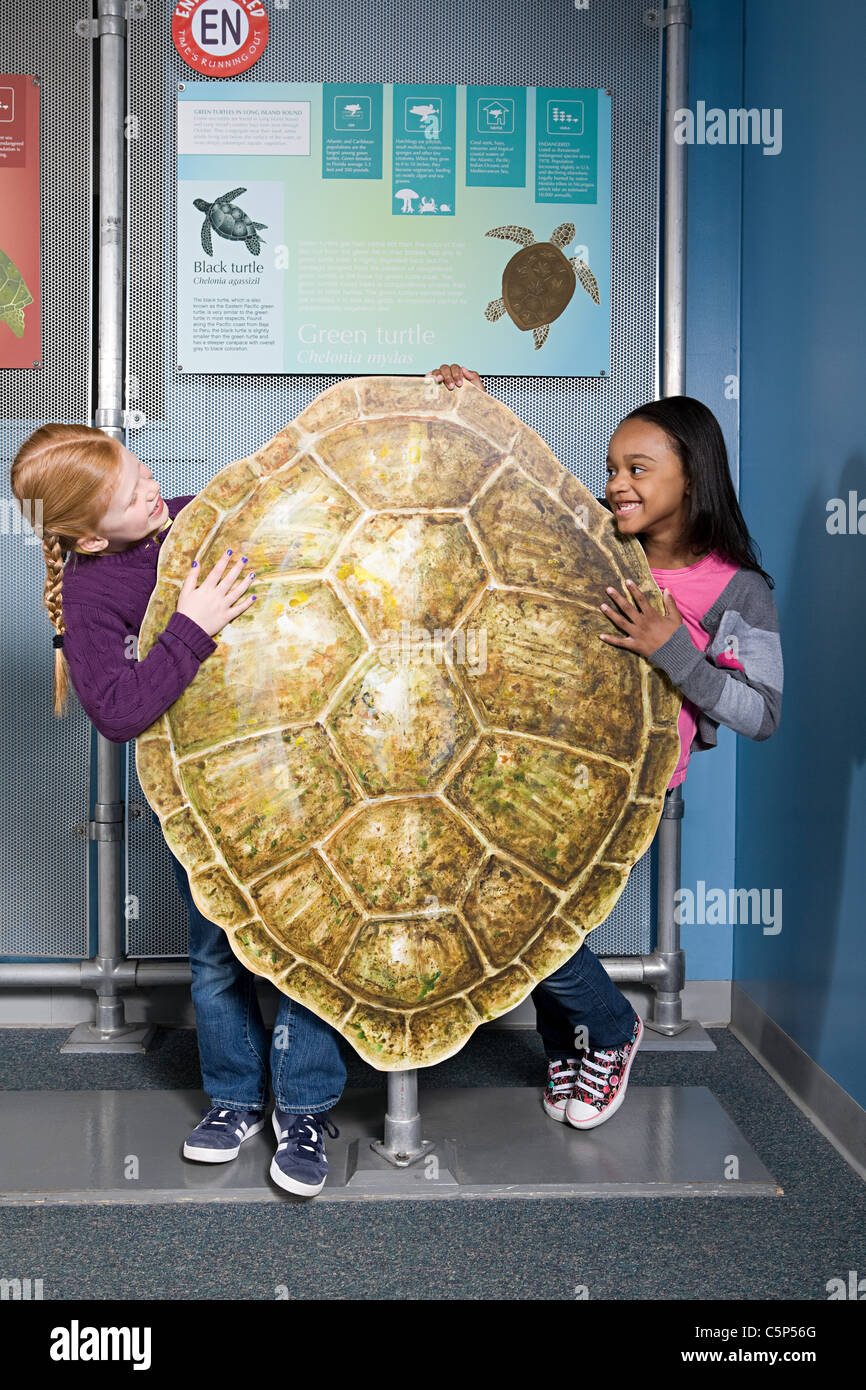 Due ragazze in piedi dietro il mare verde GUSCIO DI TARTARUGA Foto Stock