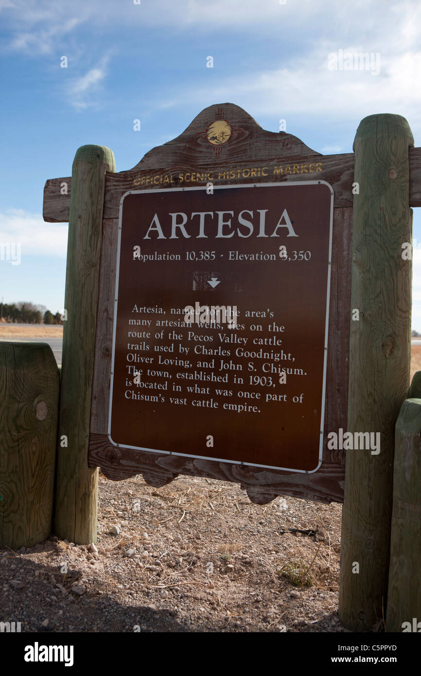 ARTESIA. Chiamato con il nome di zona di molti pozzi artesiani, si trova sulla rotta del Pecos Valley sentieri del bestiame. Foto Stock