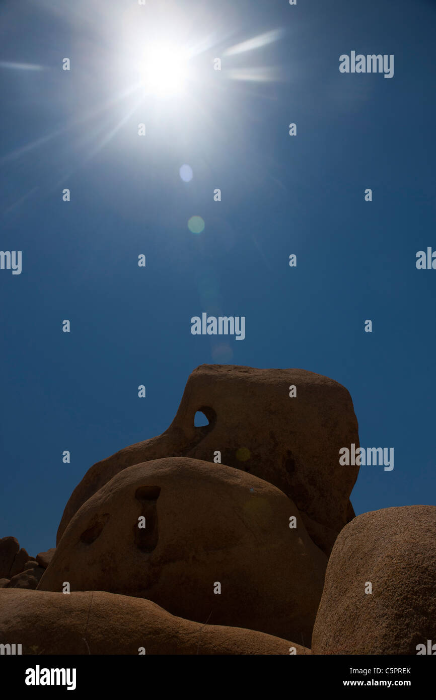 Cranio Rock con sun overhead, Joshua Tree National Park, California, Stati Uniti d'America Foto Stock