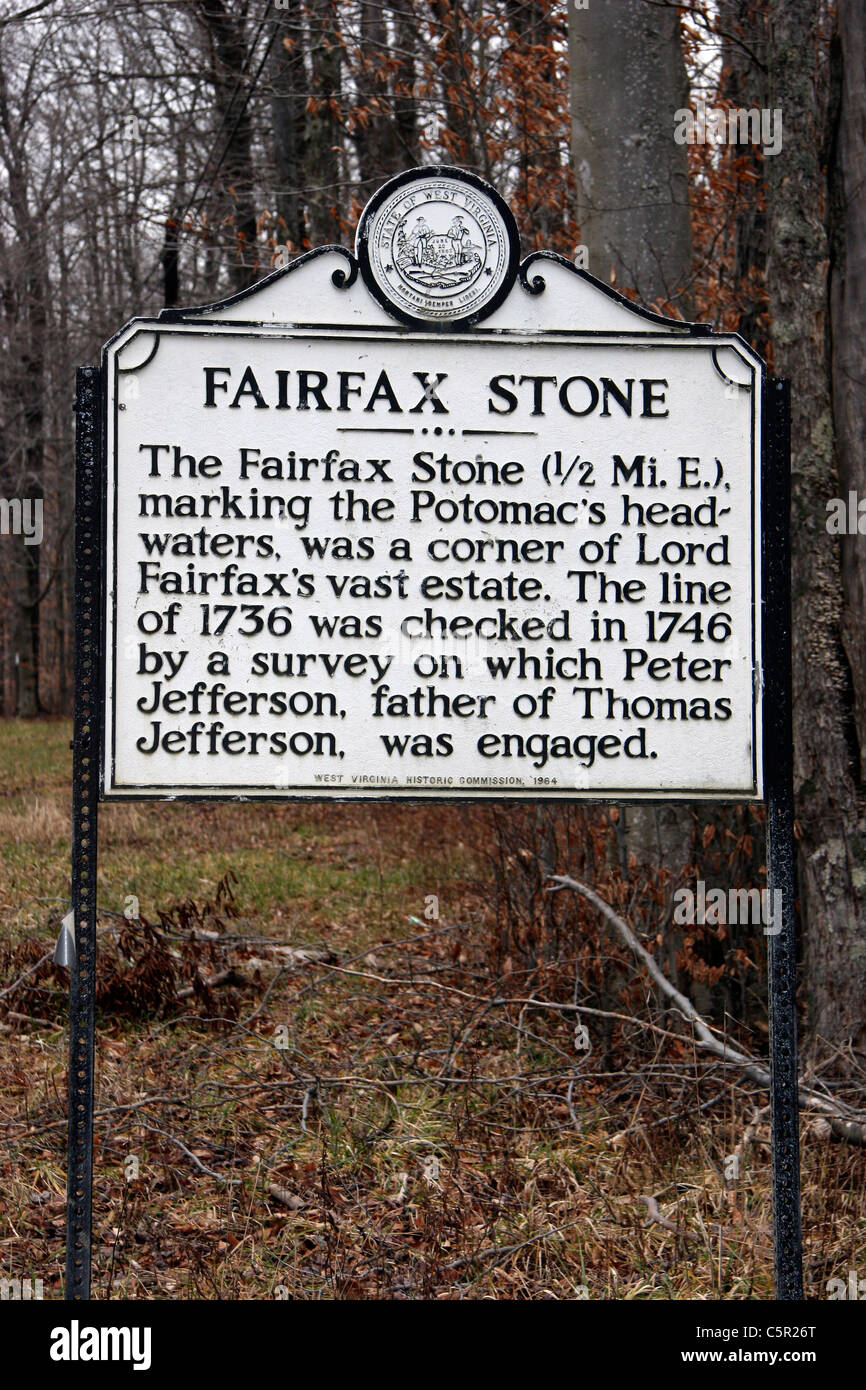 FAIRFAX pietra. Il Fairfax pietra (1/2 Mi. E.), la marcatura del Potomac sorgenti, è un angolo di Lord Fairfax del vasto station wagon. Foto Stock