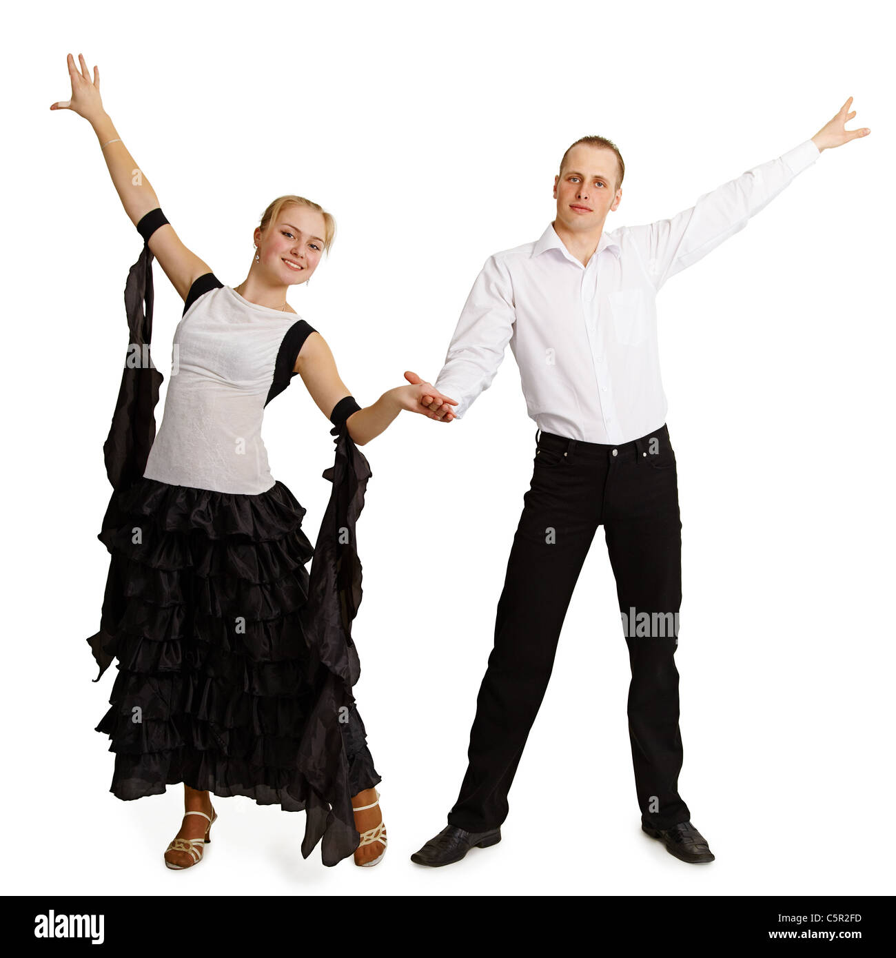 Una coppia di ballerini professionisti danze finito isolati su sfondo bianco Foto Stock