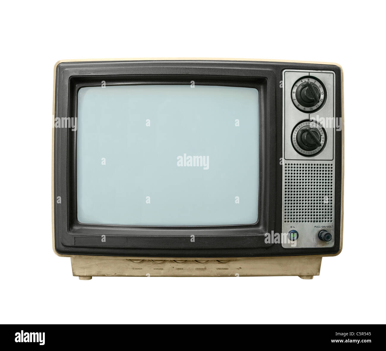 Battere grungy vecchio televisore isolato su bianco. Foto Stock