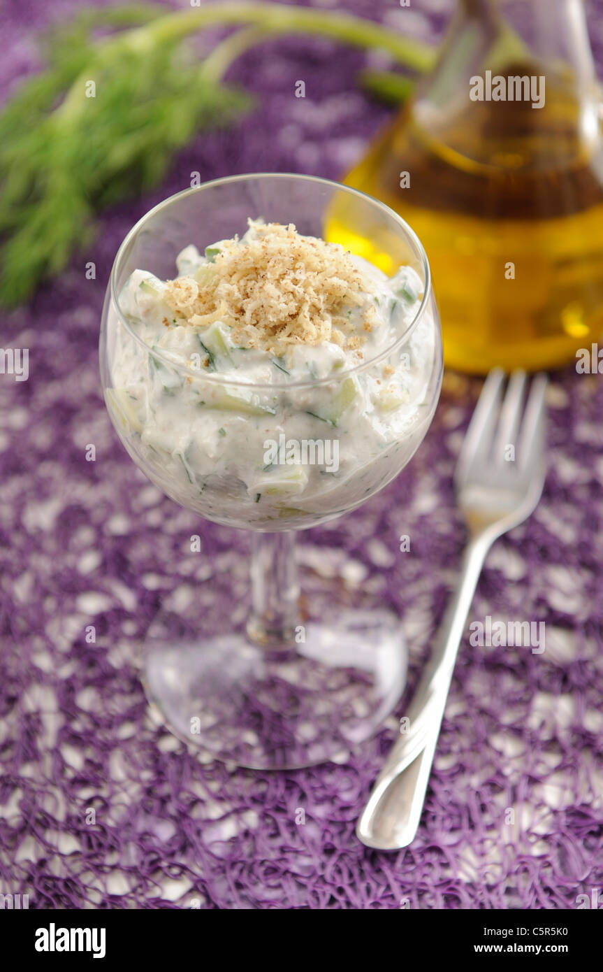 Insalata di yogurt e cetrioli, chiamato Snezhanka o insalata di latte Foto Stock
