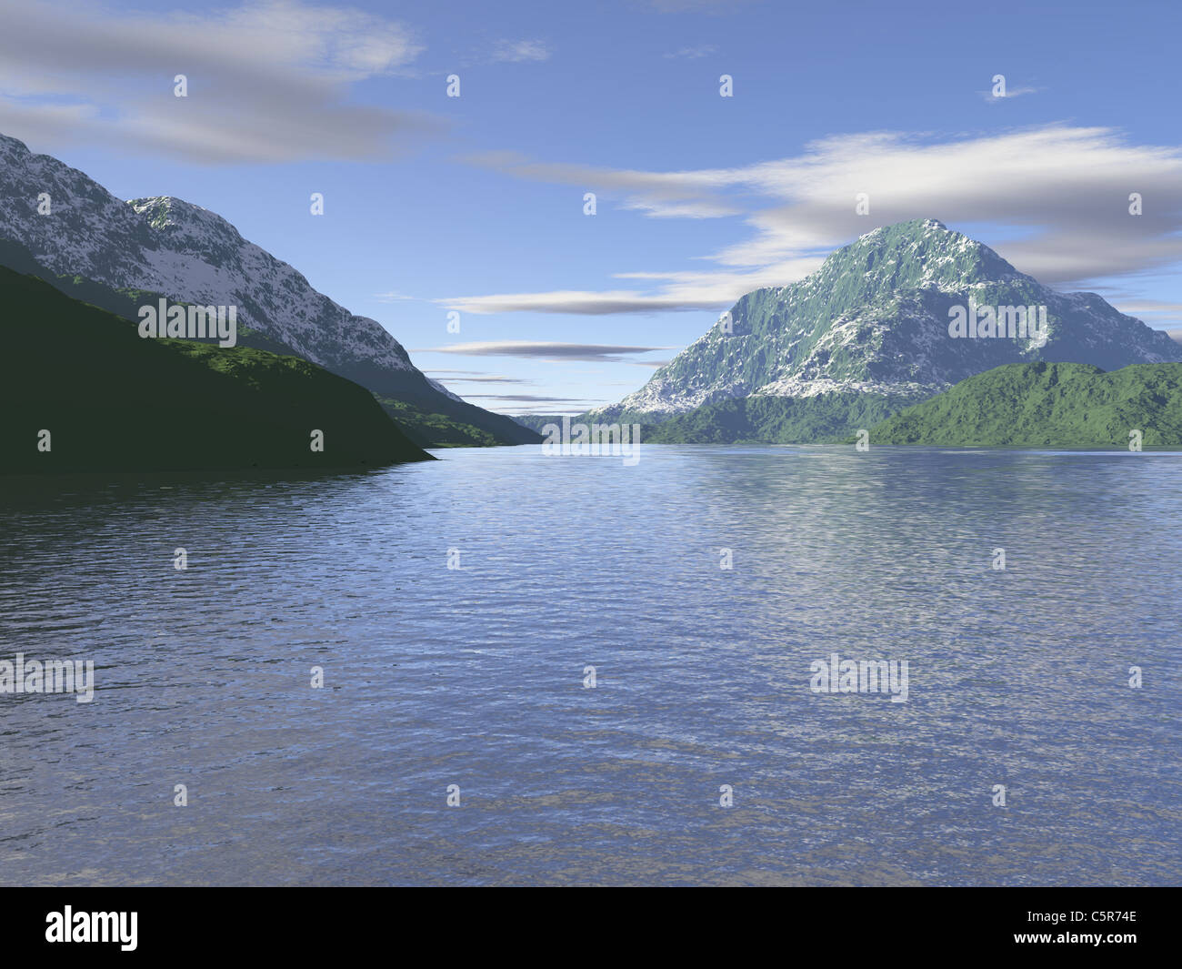 Un computer generato paesaggio di montagna con un lago in primo piano Foto Stock