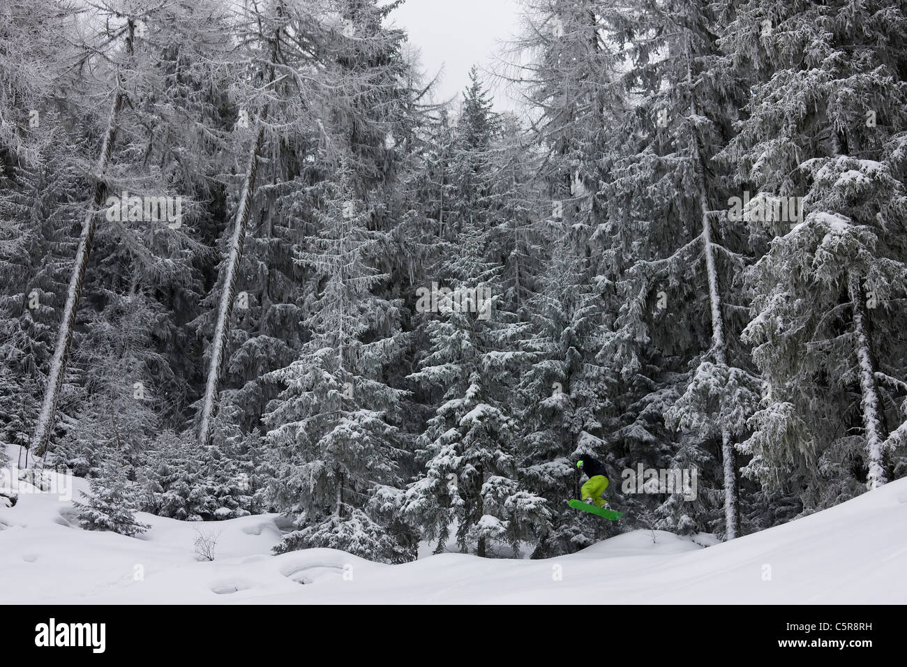 Snowboarder salta fuori da un nevoso foresta alpina. Foto Stock