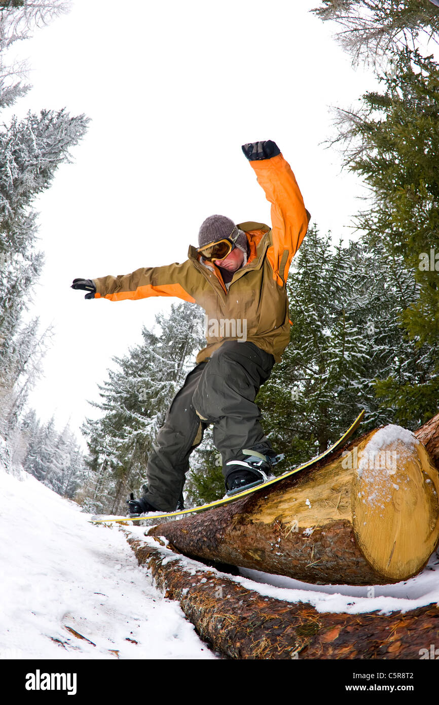 Uno snowboarder scorre un log in una foresta. Foto Stock
