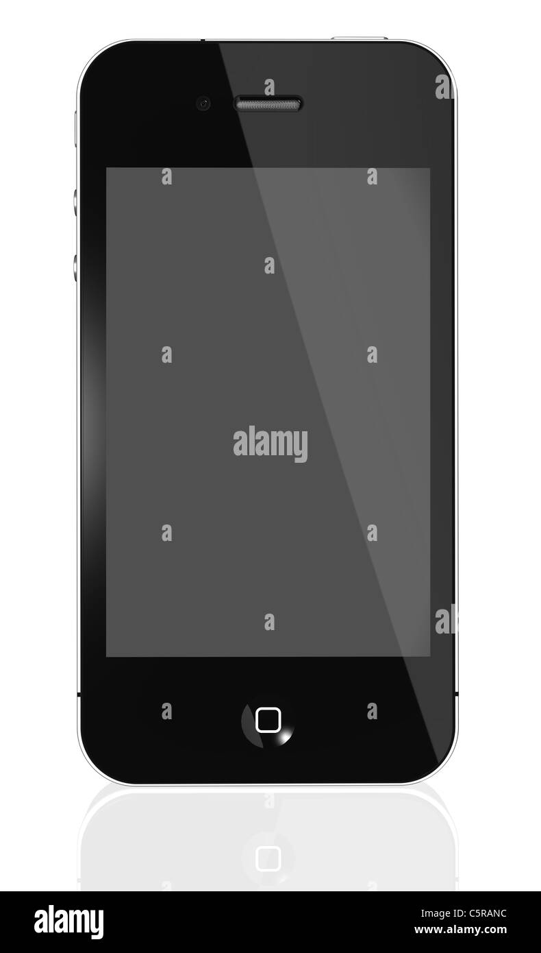 Apple iPhone 4S - Vista frontale foto di un iPhone nero 4a generazione isolata su uno sfondo bianco con superficie riflettente Foto Stock