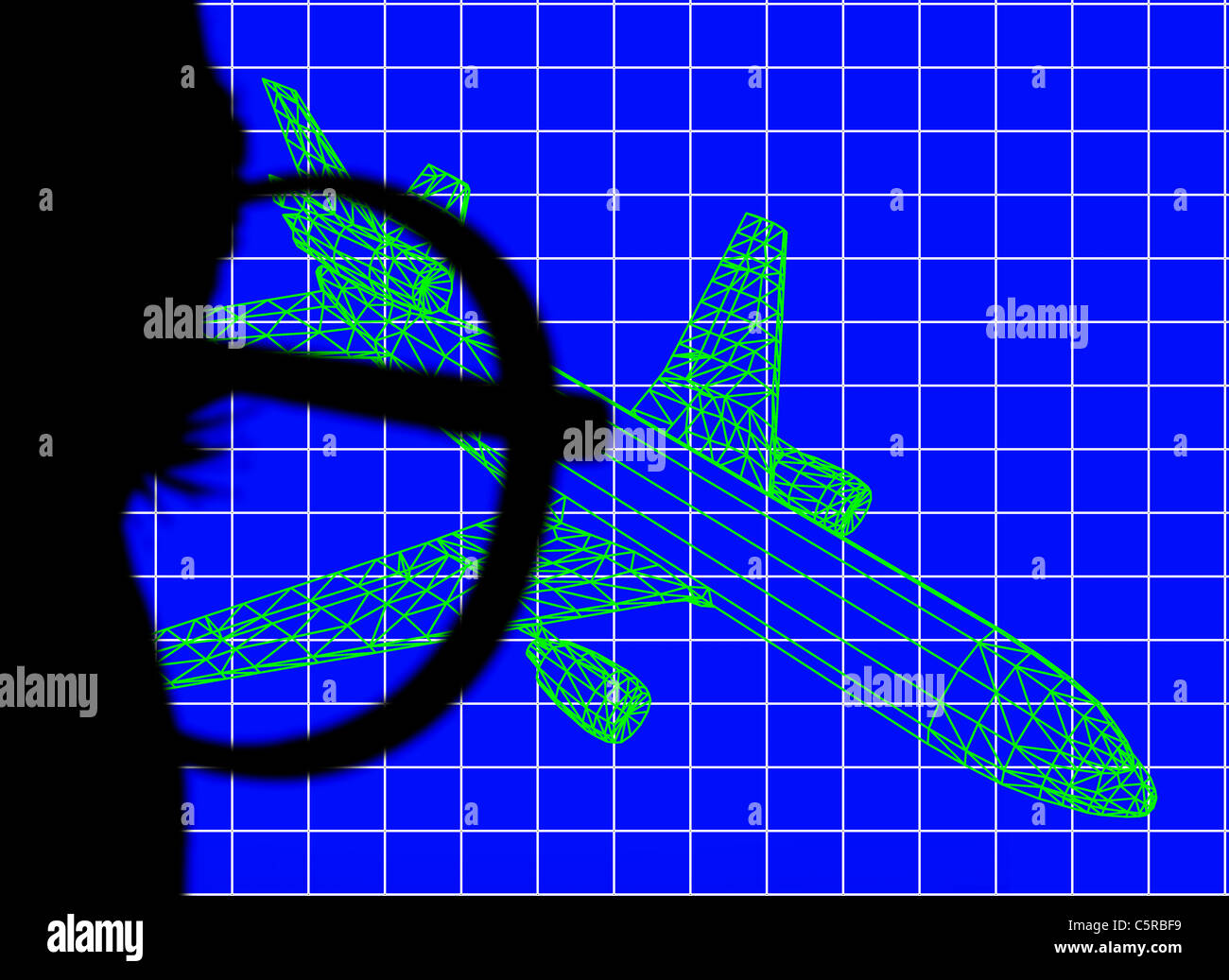 Generata da computer testa femmina stagliano wire frame di immagine commerciale aereo a getto Foto Stock