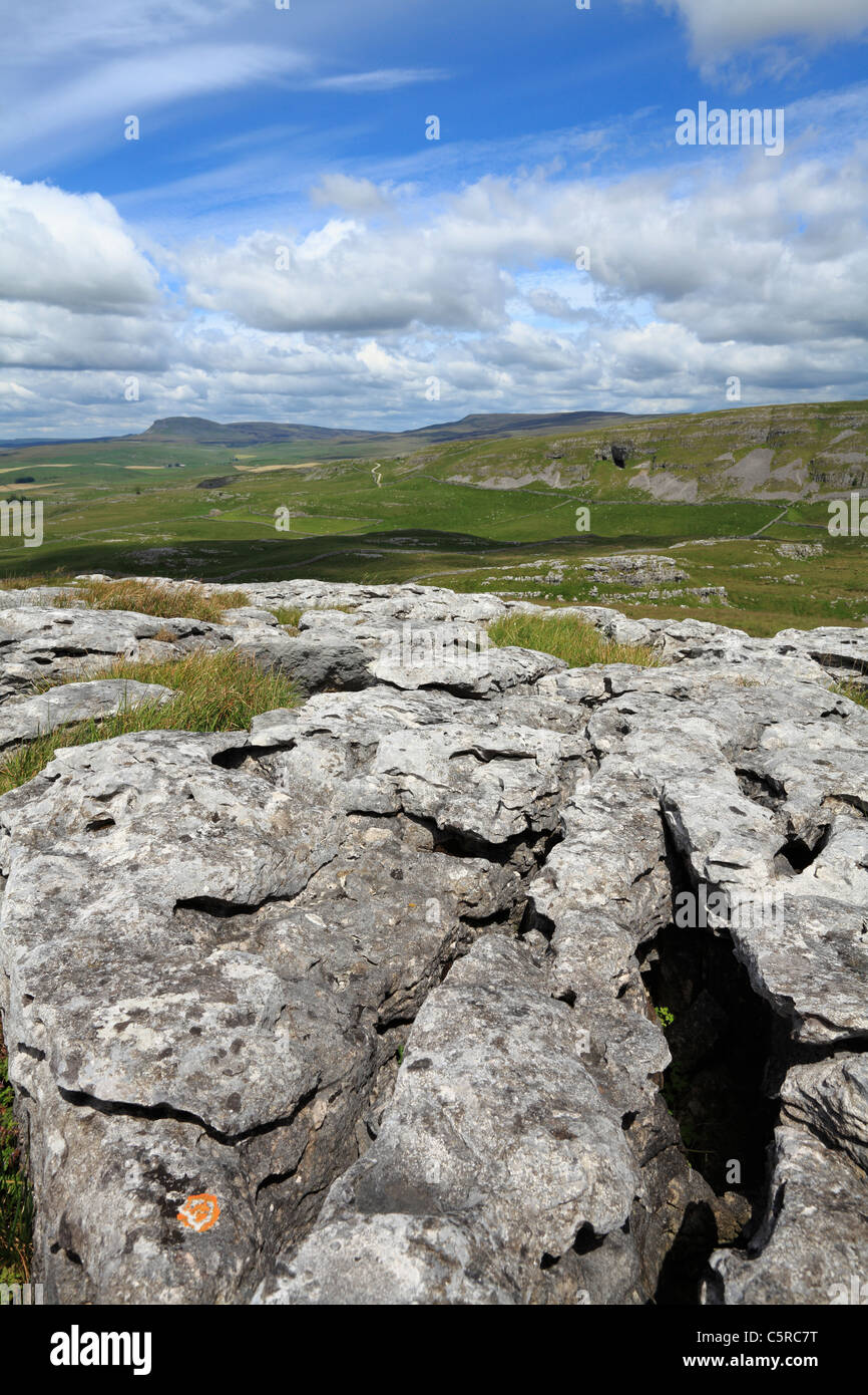 Pavimentazione di pietra calcarea in Yorkshire Dales e la grotta di Victoria e Pen y Gand al di là. Foto Stock