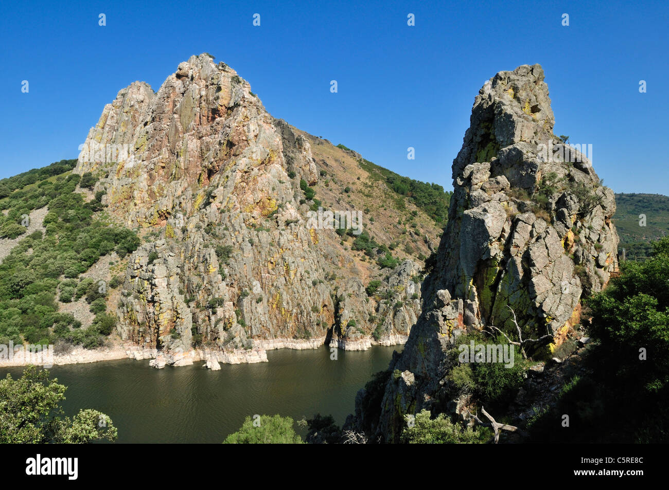 L'Europa, Spagna Estremadura, Monfrague National Park, vista di Pena Falcon rock sulla Tajo River Foto Stock