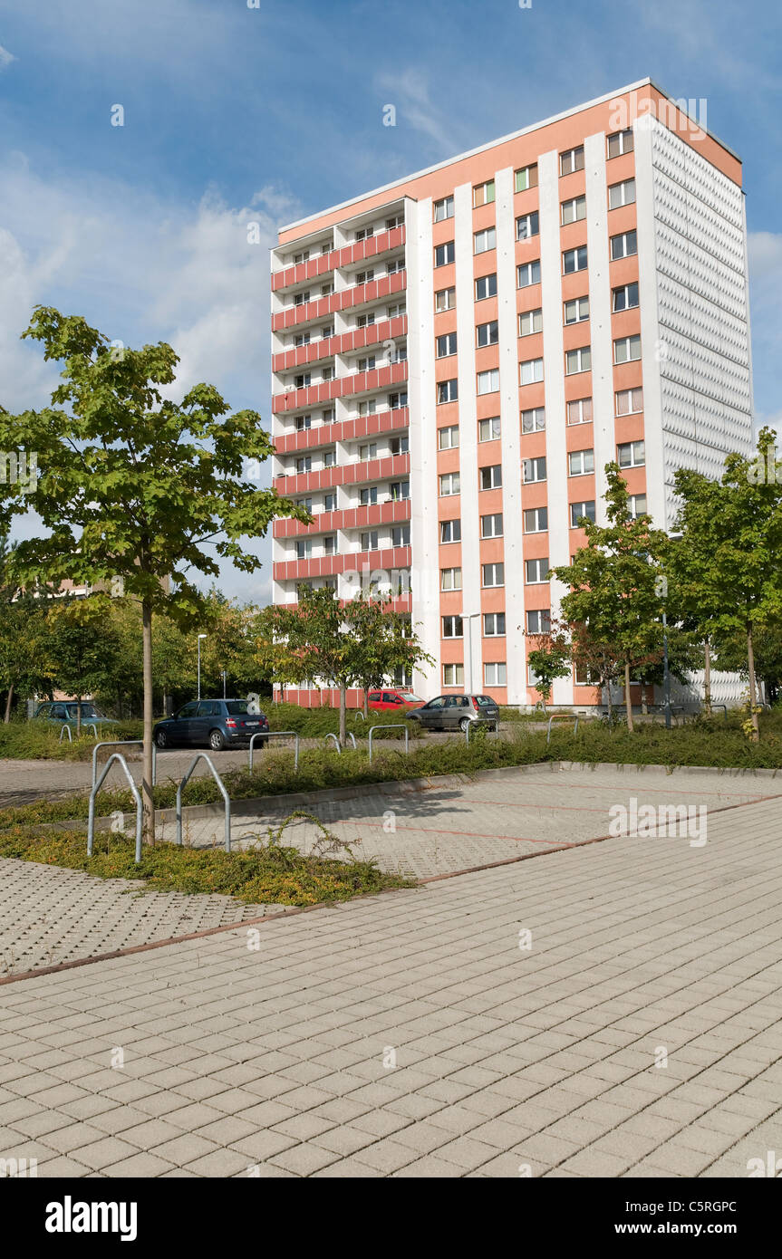 Plattenbau, pre-fabbricato edificio in calcestruzzo, alloggi sociali, residenziali, Jena, Turingia, Germania, Europa Foto Stock