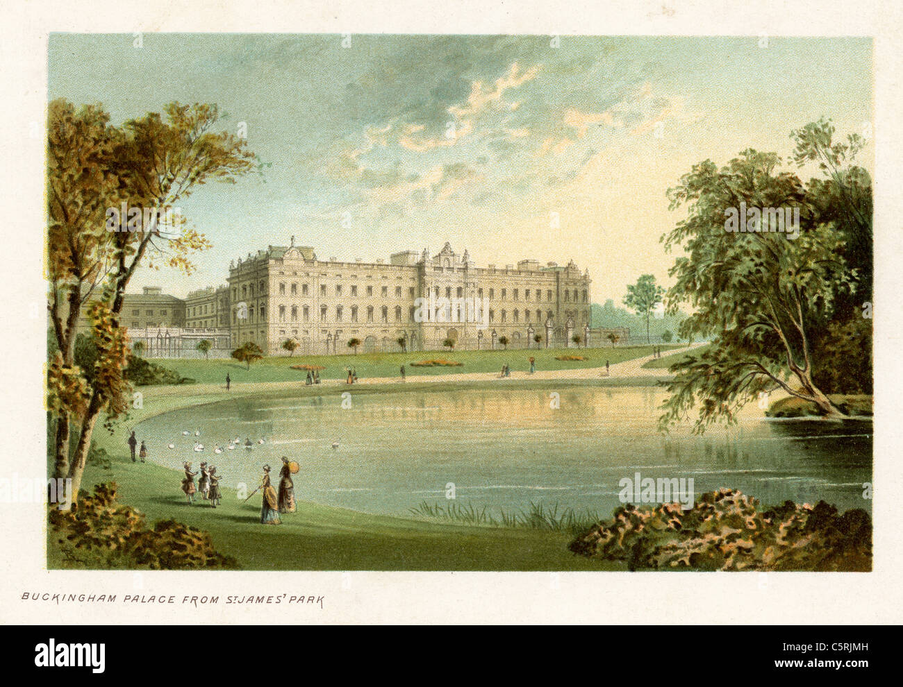 Buckingham Palace da St James Park, Londra, Inghilterra nel XIX secolo Foto Stock