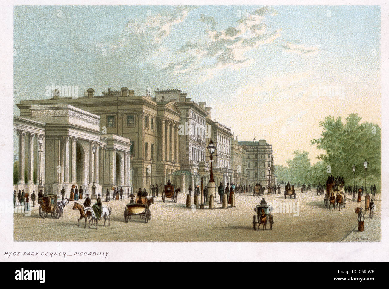 Vista di Hyde Park Corner, per Piccadilly, Londra nel XIX secolo Foto Stock