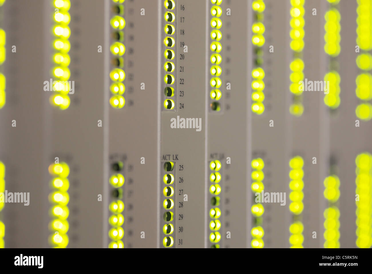 Verde lampeggiante LED in una sala server, poca profondità di campo Foto Stock