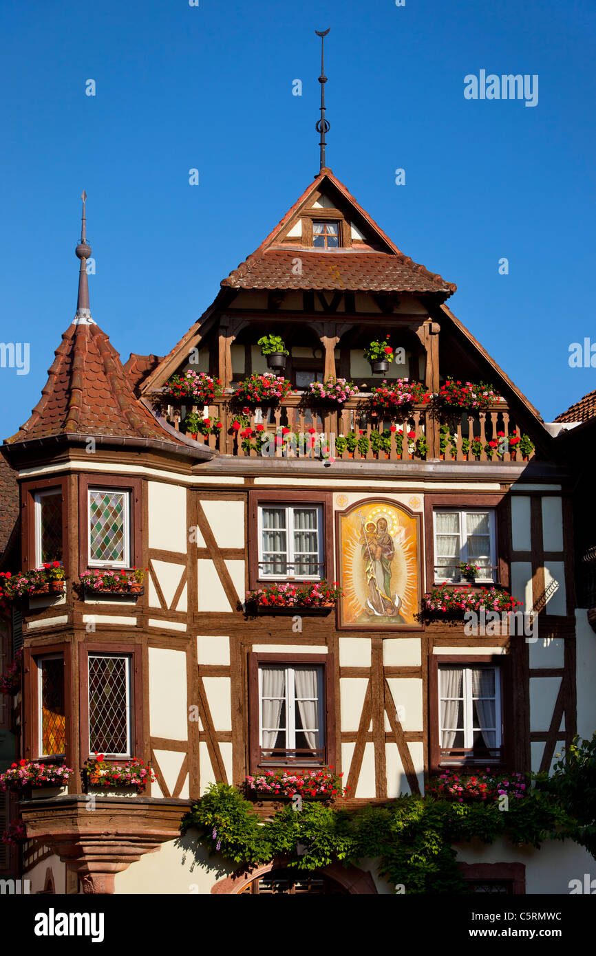Fioriere su ogni finestra di questo mezzo in legno edificio in Kaysersberg - lungo la strada del vino Alsaziano Haut-Rhin Francia Foto Stock
