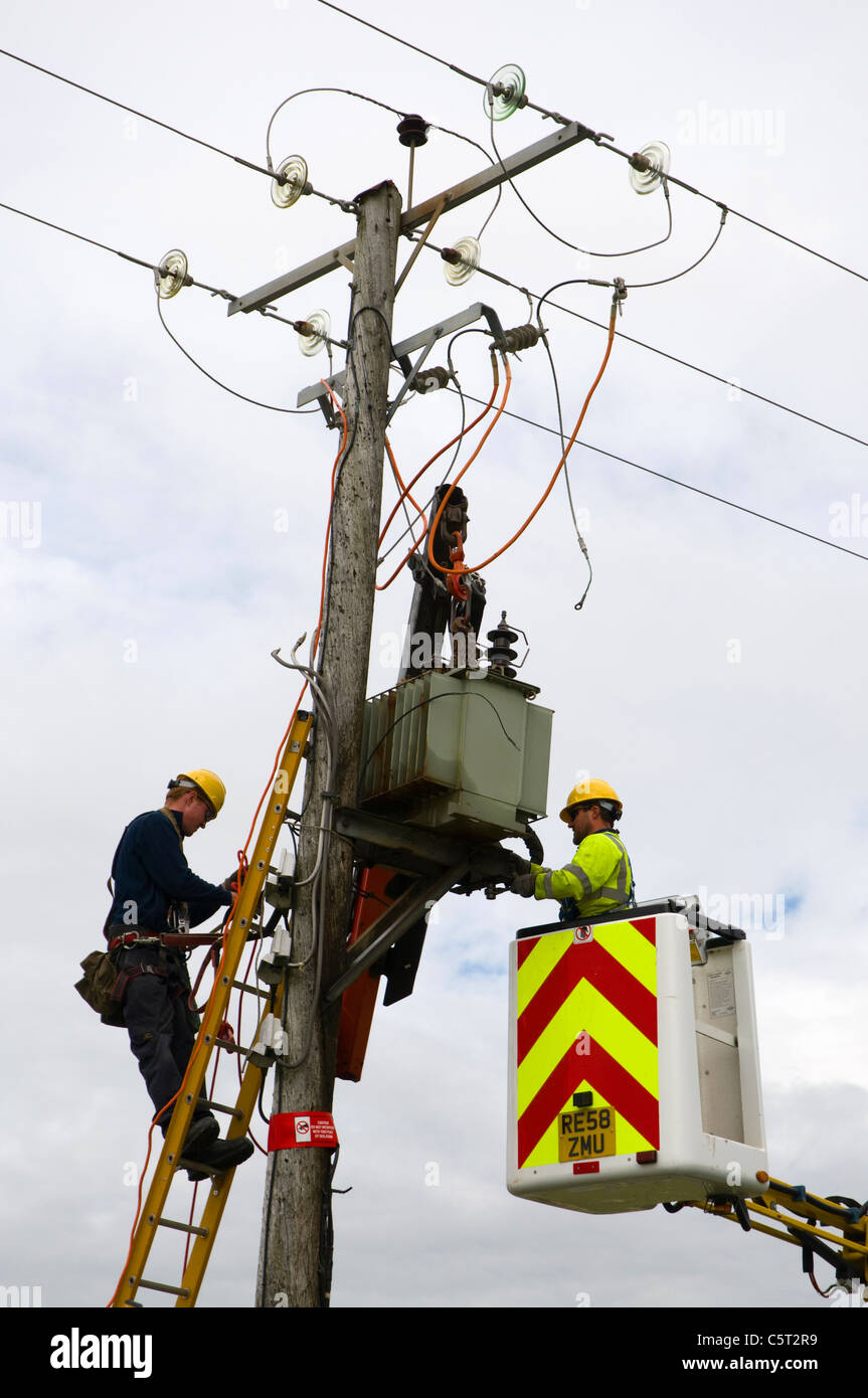 Lavoratori di elettricità fino a polo, riparazione del servizio, Foto Stock