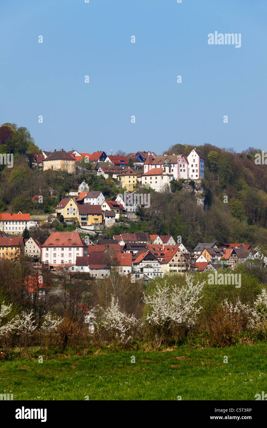 In Germania, in Baviera, Franconia, Alta Franconia, Svizzera della Franconia, Egloffstein, vista di case sulla collina Foto Stock